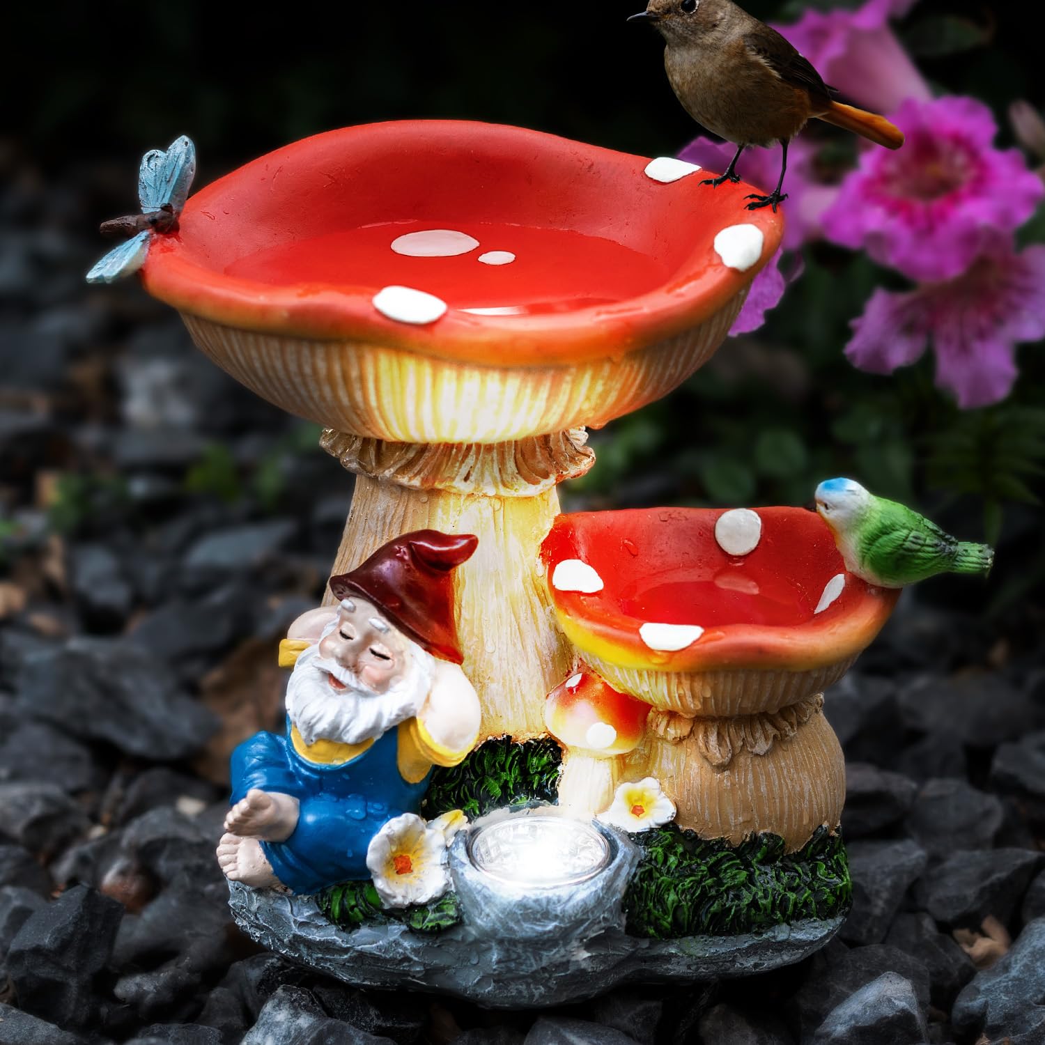 TIJNN Solar Gnome Statue with LED Lights, 7.4in Plastic Garden Decor, Gnome Beneath a Mushroom, Model TIJDX-001