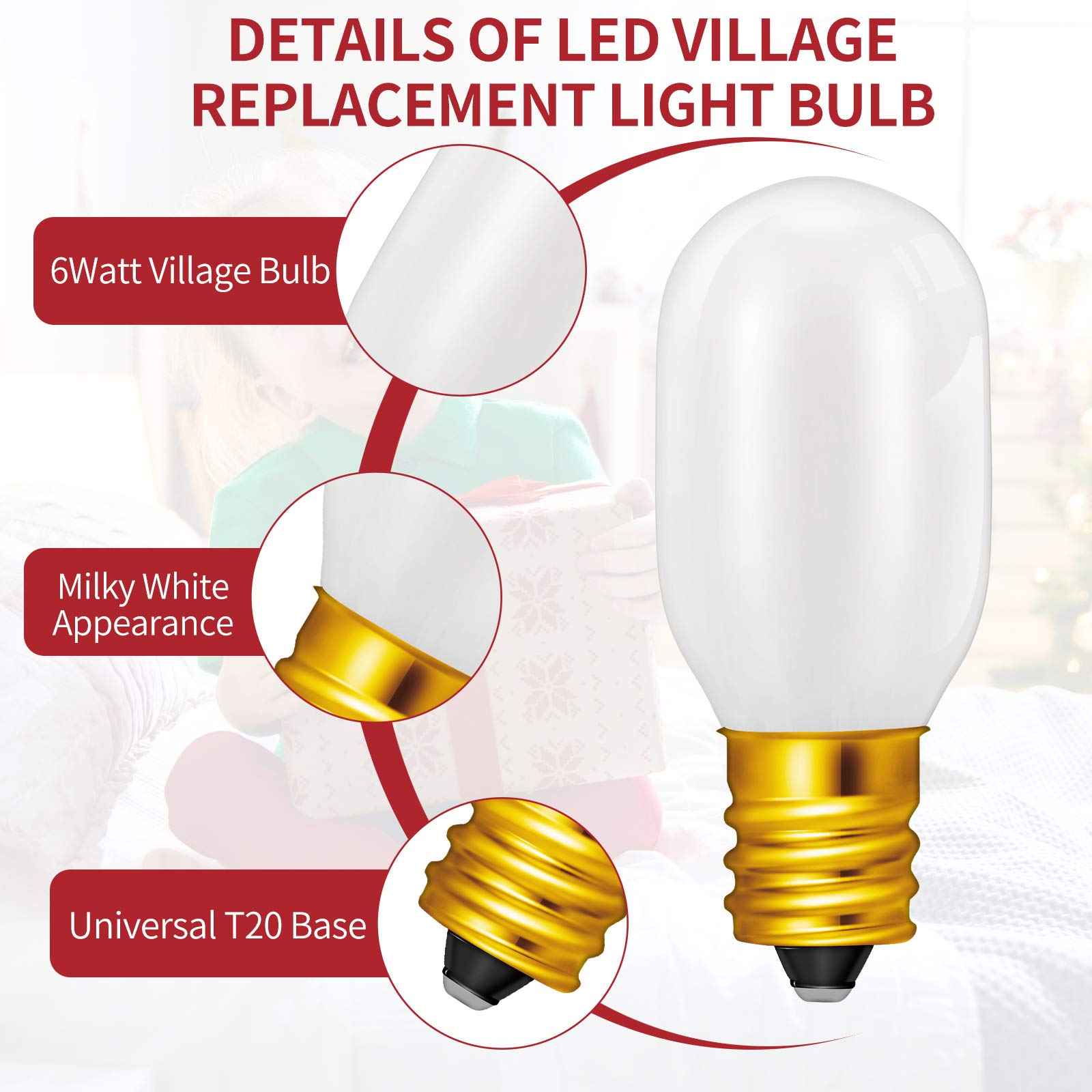 Honoson 20 Pieces Christmas Village Light Bulbs 6 W Replacement Bulbs, E12 Candelabra Base T20 Led Bulbs Accessory For Villages