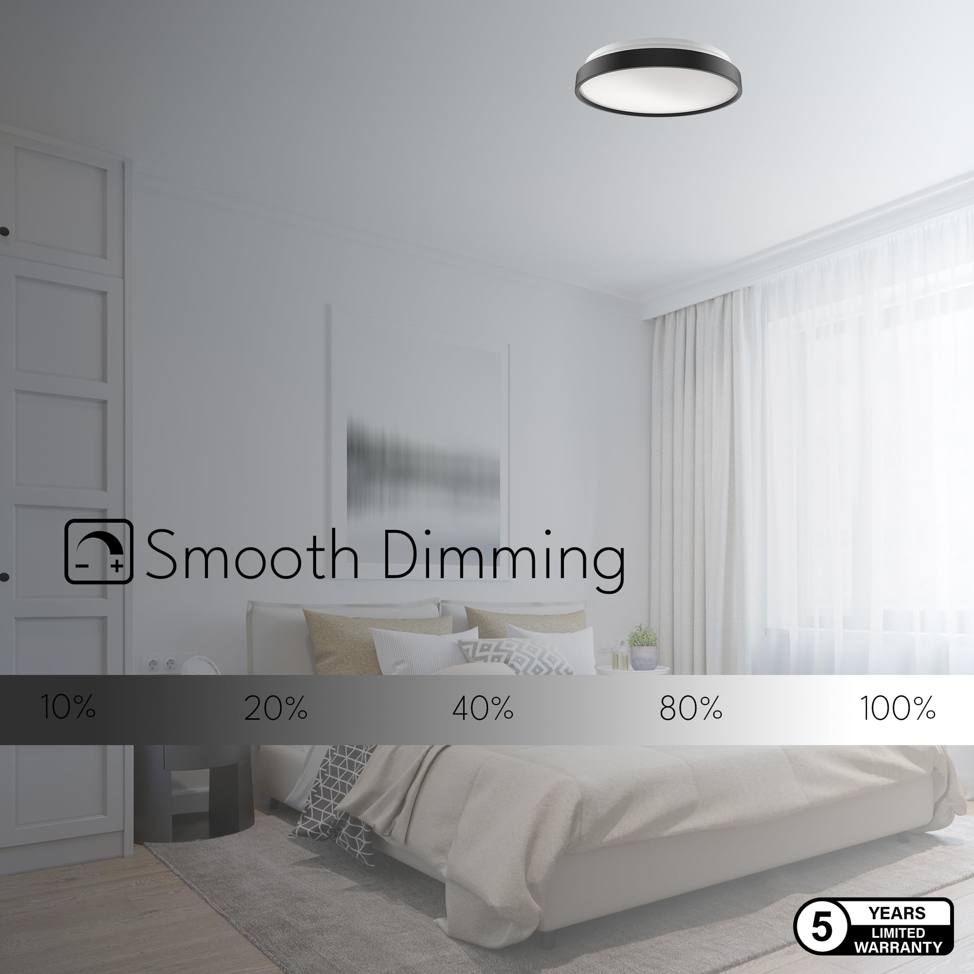 Dymond 15" Matte Black Led Ceiling Light Dimmable Flush Mount 5-In-1 Adjustable Color Temperature 2700K 3000K 3500K 4000K 5000K Selectable Cct Warm White To Daylight