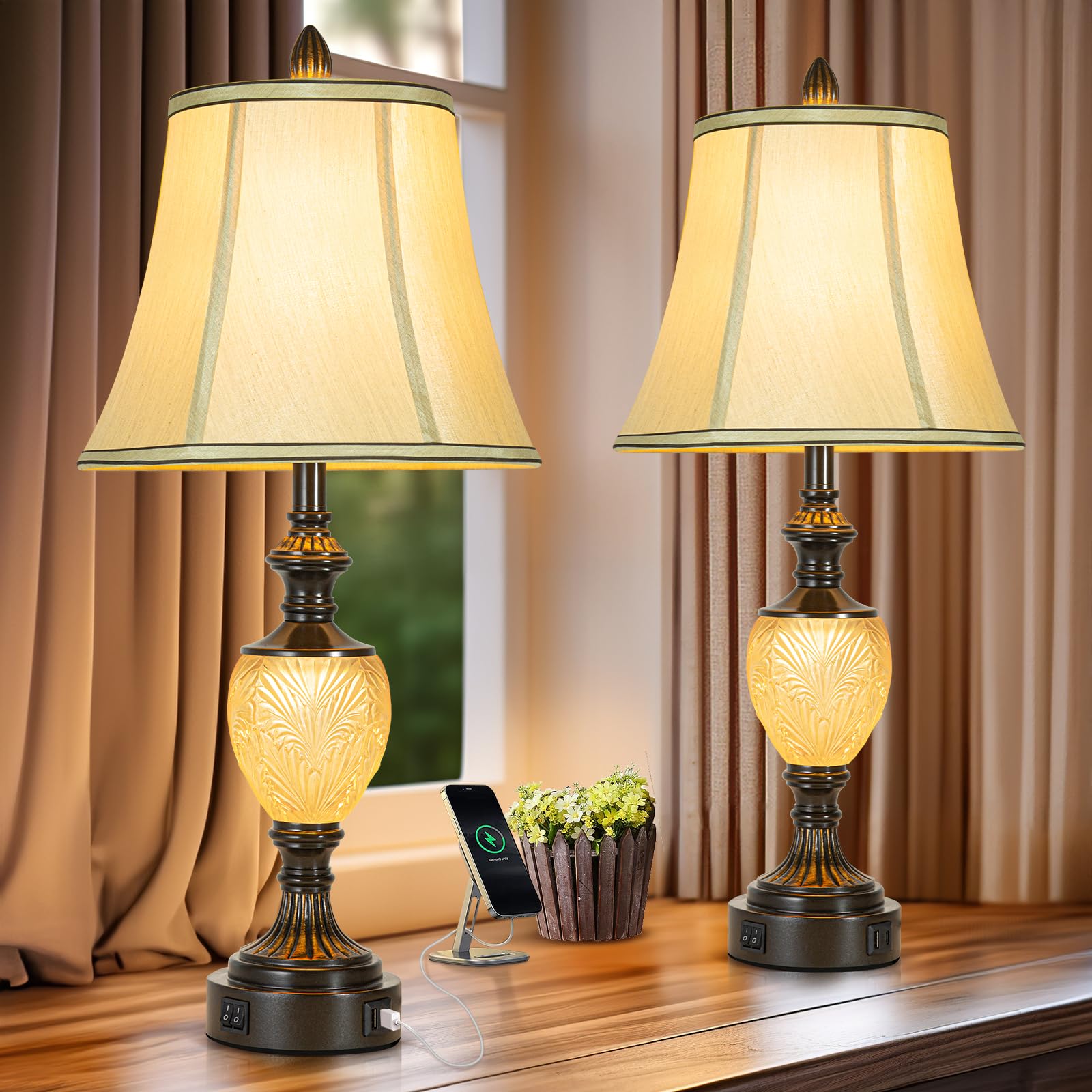 27'' High Vintage Table Lamp Set of 2 for Living Room Farmhouse Bedside Lamp with Fabric Shades Boho Nightstand Lamp with USB an