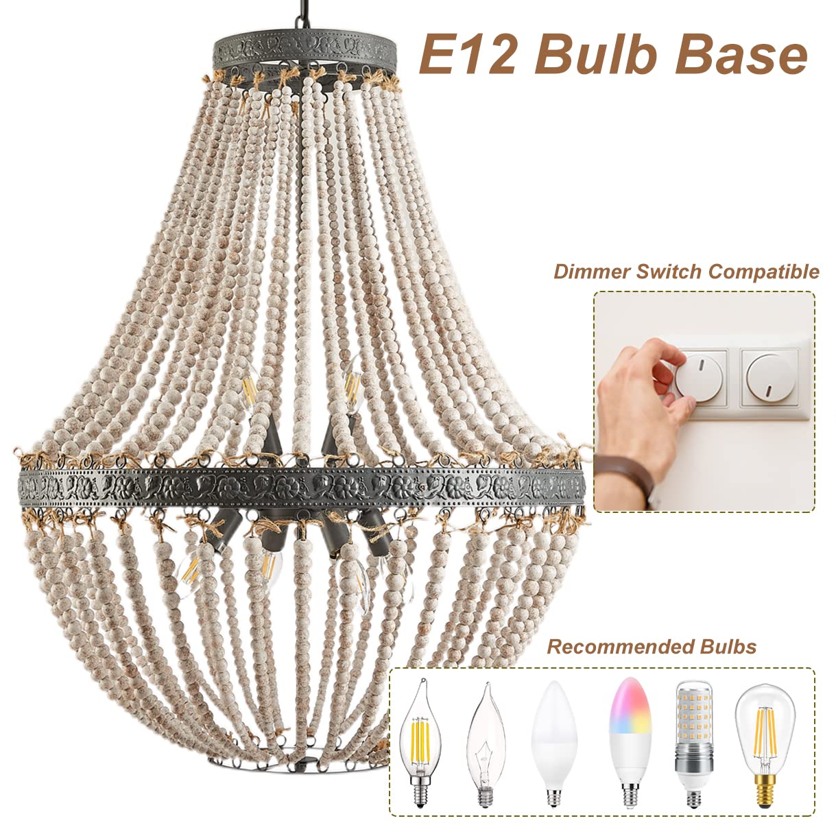 Large Boho Wood Beaded Chandelier - 25.5 Inch Draped Bead Rustic Farmhouse Ceiling Light Fixture for Dinning Room, Bedroom, Livi
