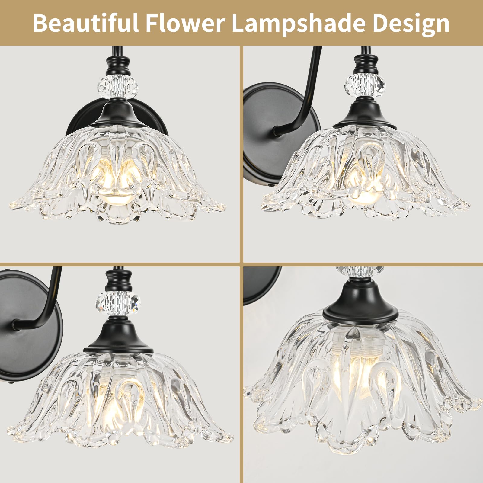 Sunkryster 1 Piece Black Wall Sconce With Floral Clear Glass Shade  Black Farmhouse Wall Mount Lighting For Bathroom Vintage Bathroom Vanity Light Fixture