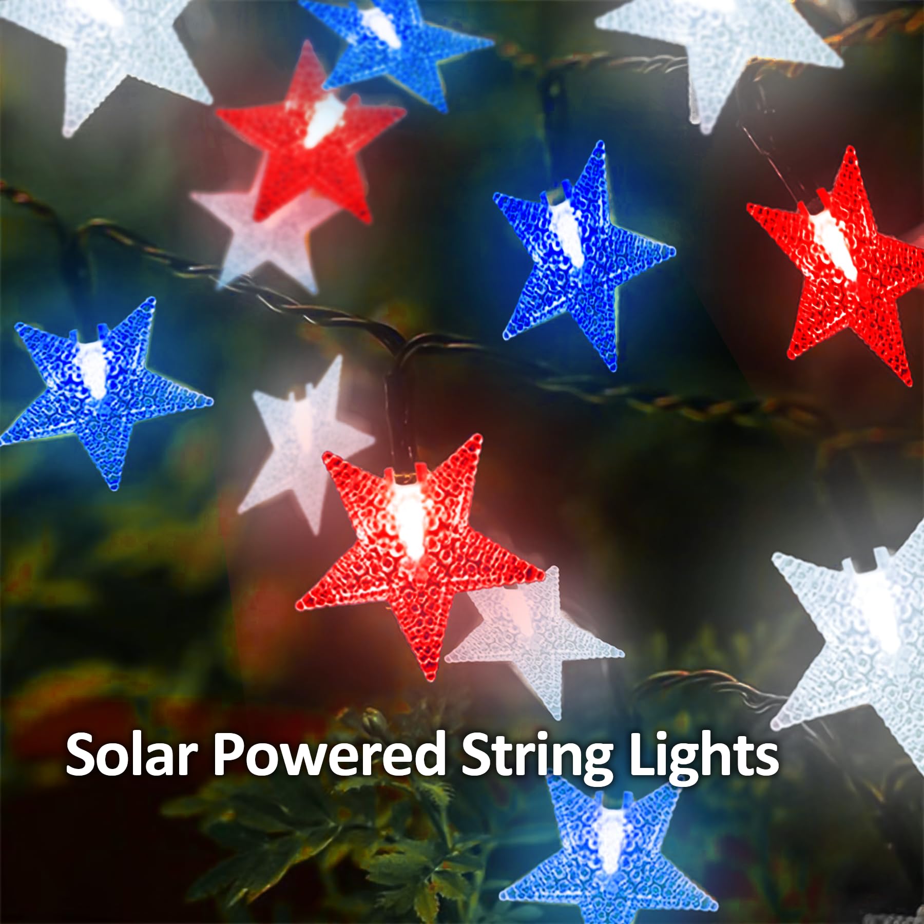 L Lampop 39Ft Solar Star String Lights - 100 Led Red, White & Blue For 4Th Of July Decor