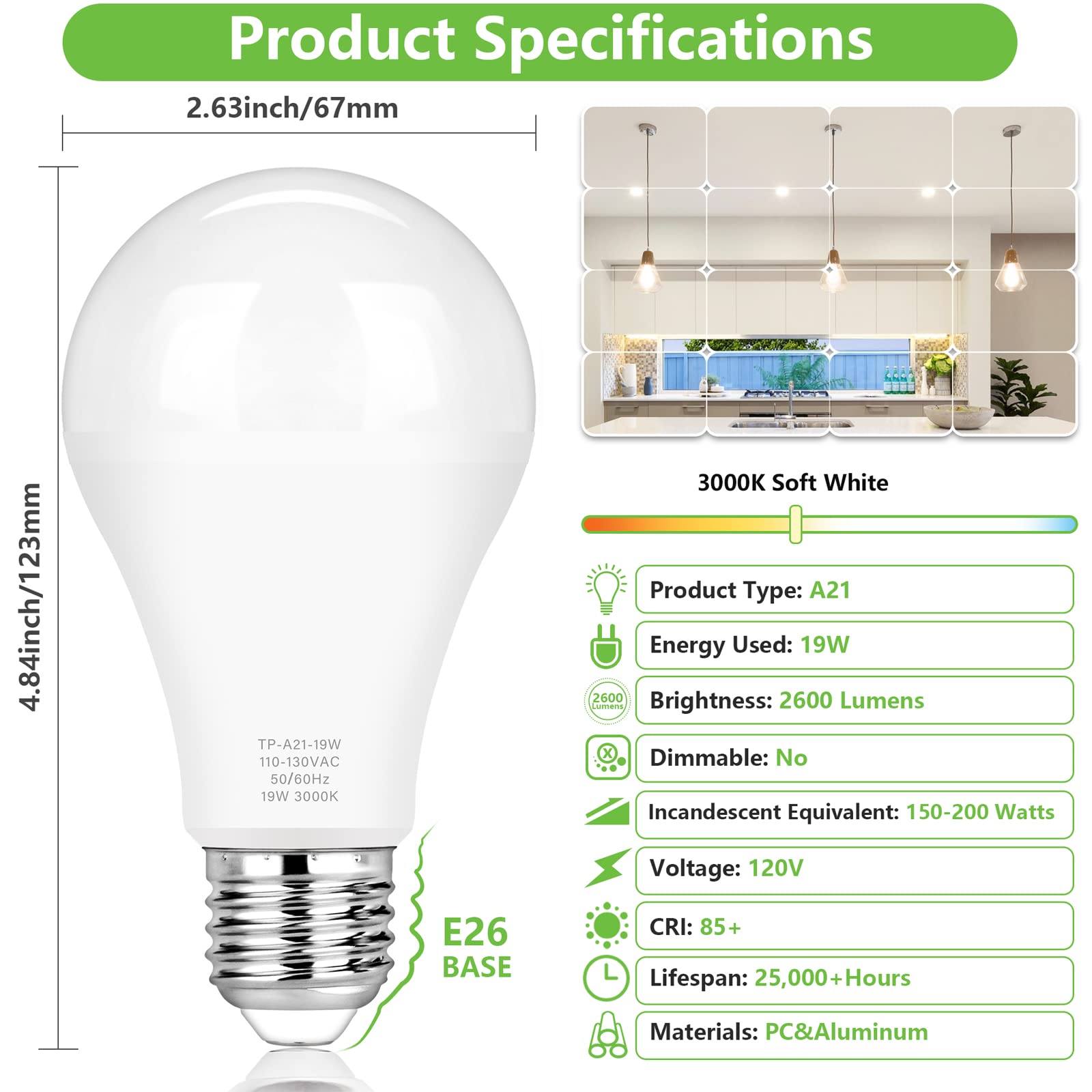 Maxvolador A21 Led Light Bulbs, 150 Watt Equivalent, Soft White 3000K, 2600Lm, E26 Base, Non-Dimmable, 19W Light Bulbs, Pack Of