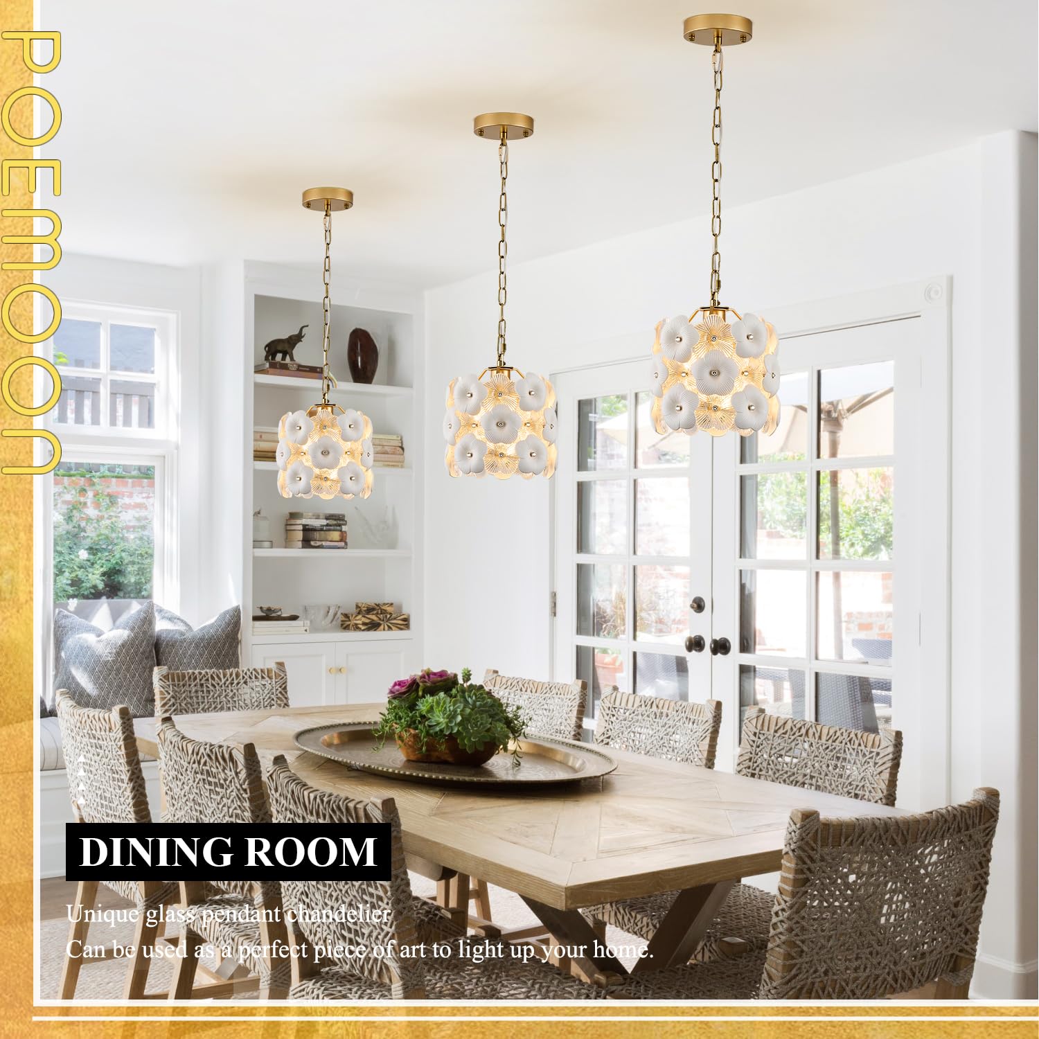 Poemoon Gold Glass Pendant Light With White Ceramic Flowers, 1-Pack Luxury Small Ceiling Pendant Light Fixture 1-Light For Kitch