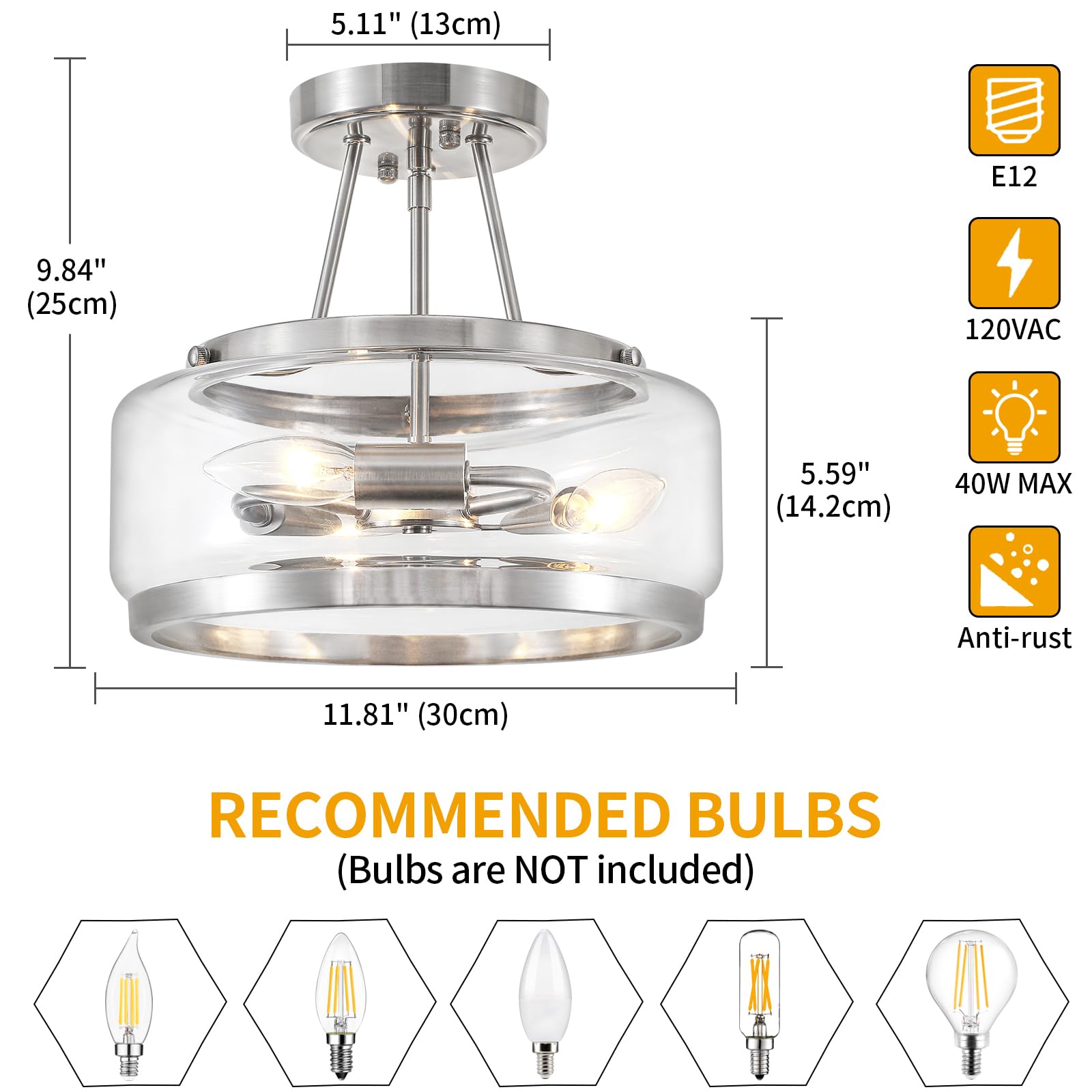 Brushed Nickel Modern Glass Ceiling Light  3-Light Drum Semi Flush Mount Ceiling Light Fixture  Entryway Light Fixture  Ceiling Lamp For Hallway Bedroom Laundry Kitchen Dining Room Lighting  Ul-Listed