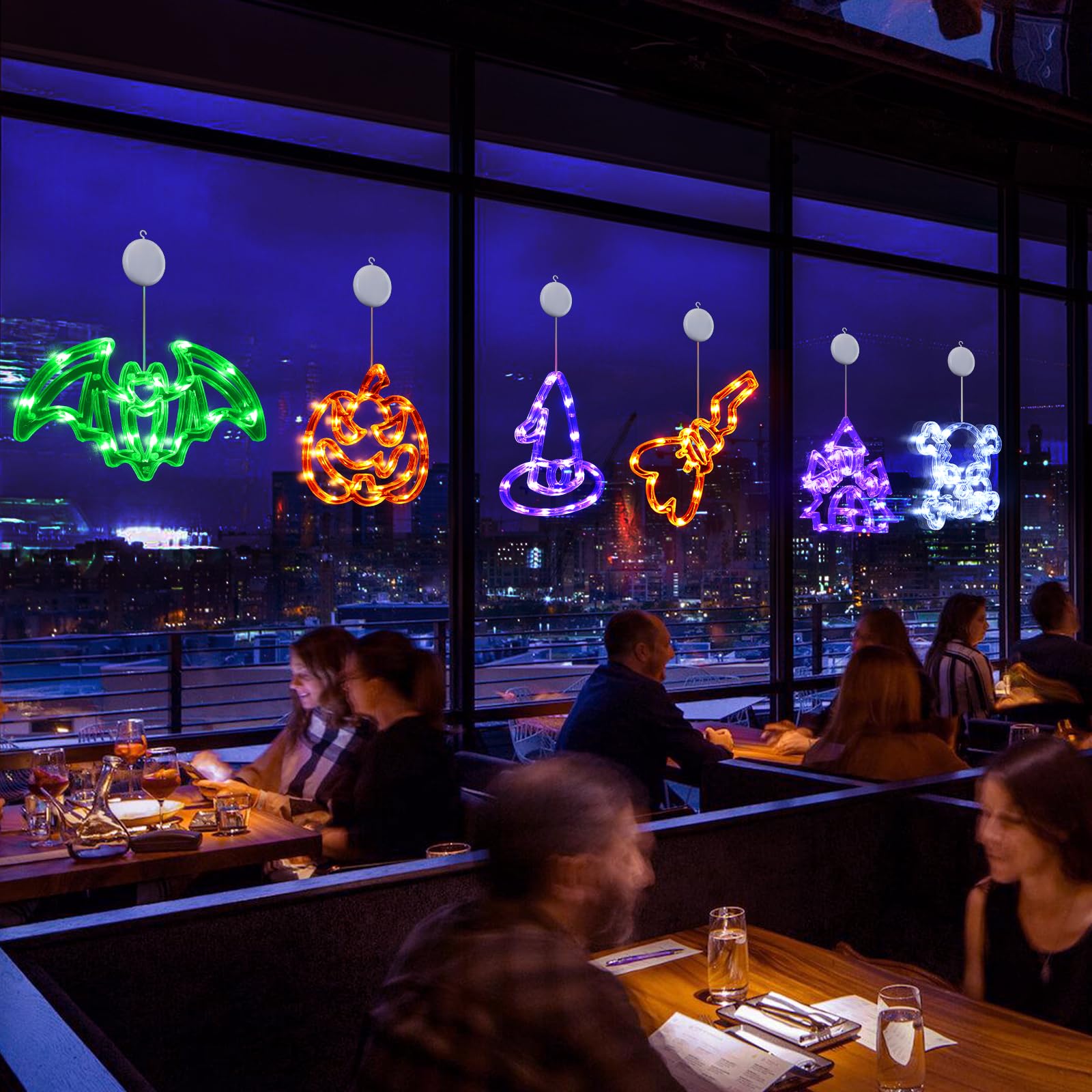 Tiaxidex Halloween Lights, 6 Pack Skull Pumpkin Castle, Bat, Witch Hat, Halloween Decorations With Modes Of Flashing And Steady Light With Suction Cup, Battery Operated Halloween Window Decoration