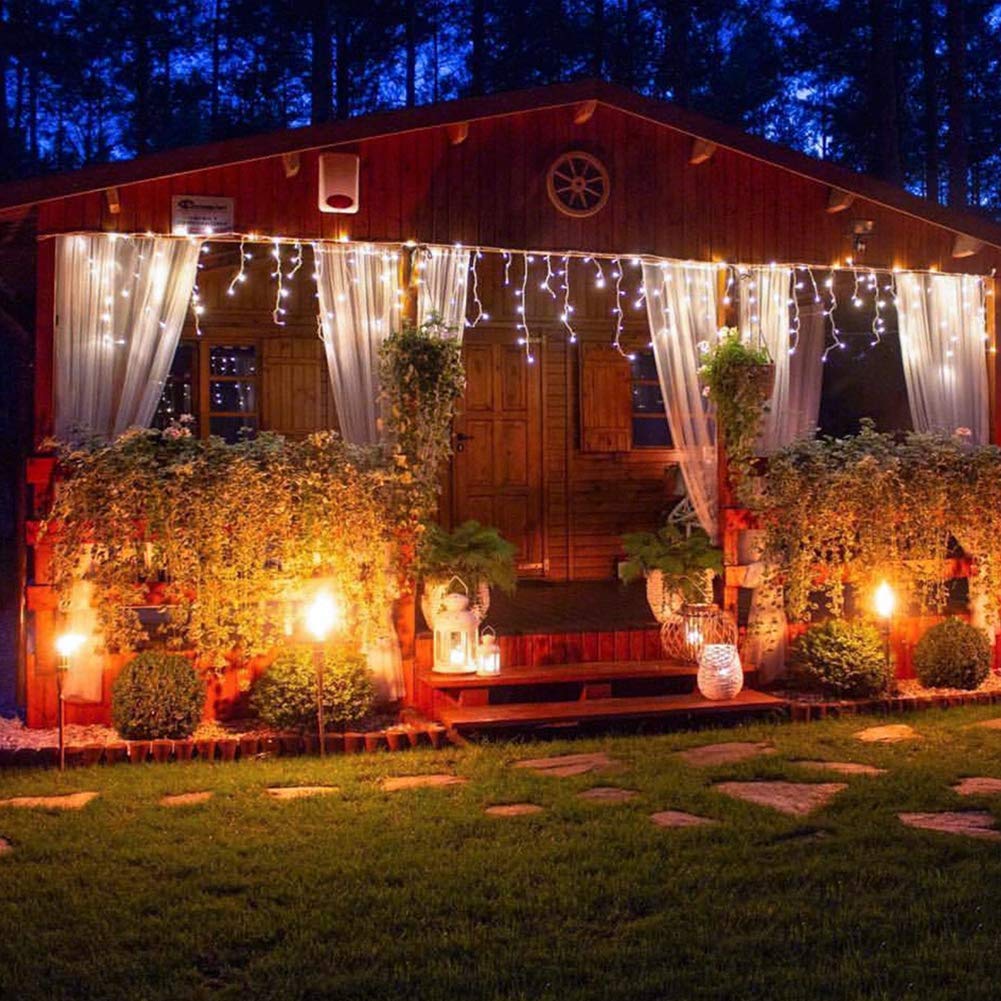 Qunlight LED Icicle Lights, 300 LEDs, 33ft, 8 Modes, Curtain Fairy Light with 60 Drops, Clear Wire LED String for Christmas/Than