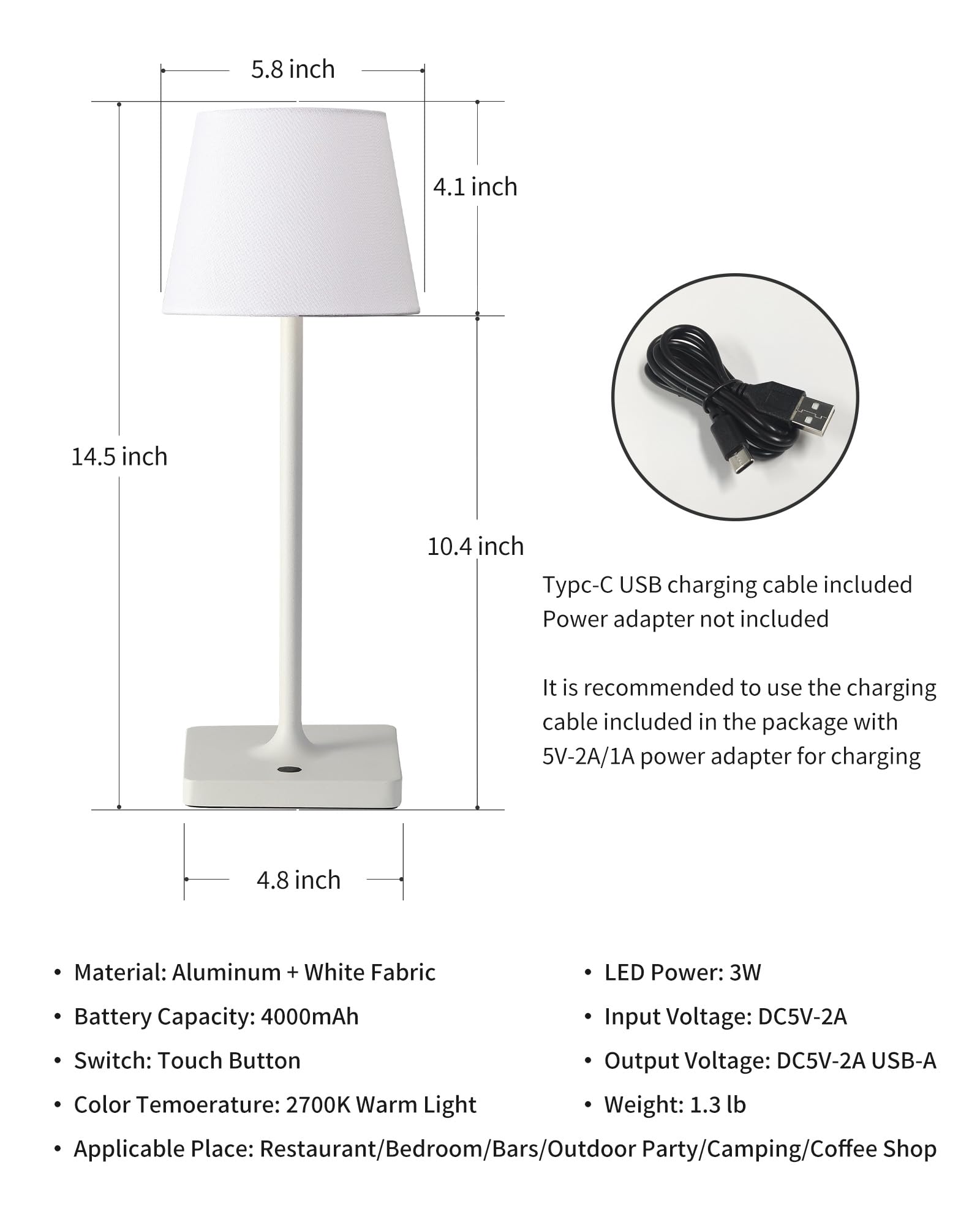 NEWSEE Cordless Portable Touch Table Lamp Set of 2, 4000mAh Rechargeable Battery Powered Dimmable LED Desk Lamps Fabric Lampshde