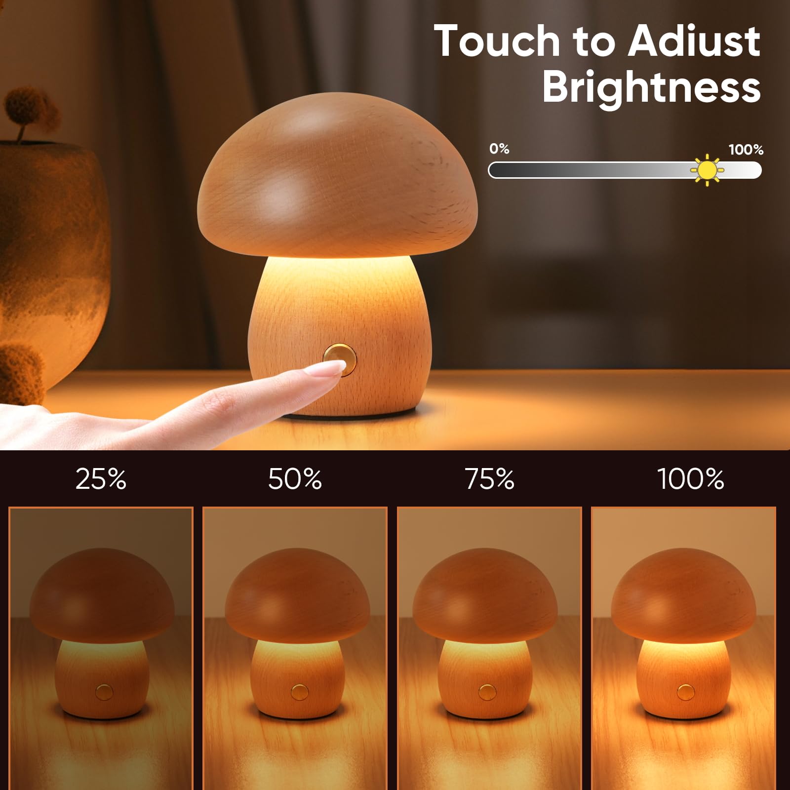 Lonrisway Wooden Mushroom Lamp, Portable Cordless Small Lamp, Rechargeable Battery Operated Lamp,Stepless Dimming, Night Light For Birthday Gifts, Brown