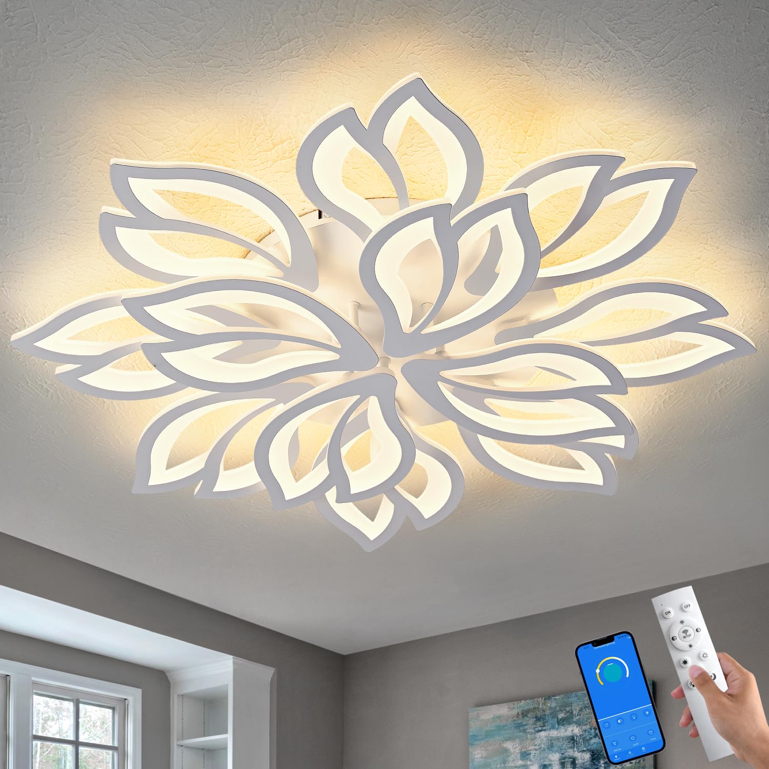 HuixuTe Modern White Flower Ceiling Light Fixture, 30 Inch Dimmable Flush Mount with 12 Leaves, Low Profile for Living Room, Din