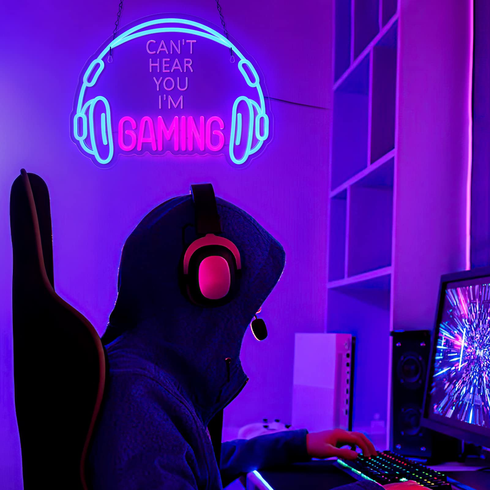 ReyeeInc Gaming Neon Sign - Dimmable LED Headset Light, USB Powered, Blue and Pink, Wall Decor for Gamer Room