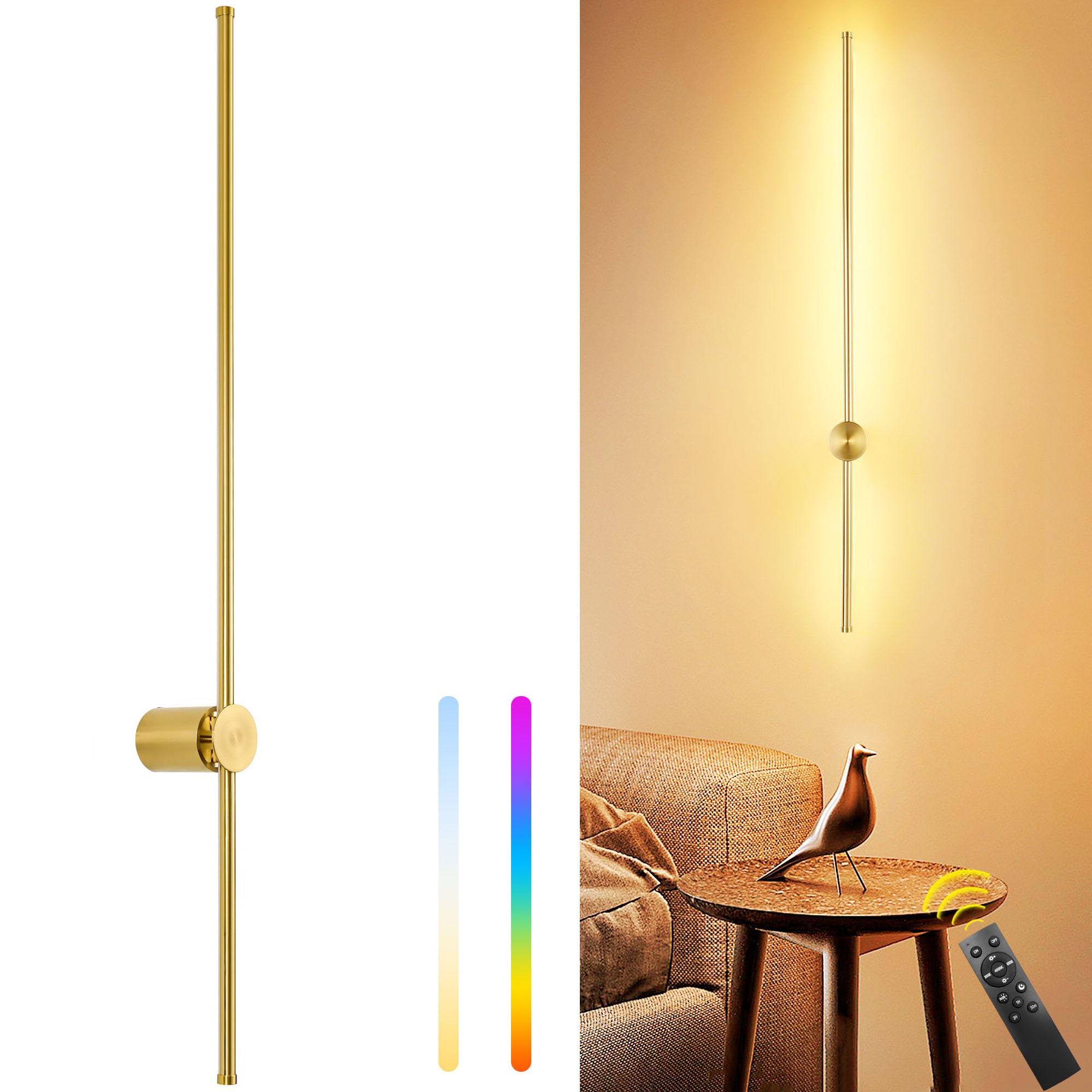 GOODATE 39.4 Inch Battery Operated Wall Sconce, Dimmable LED Light, Remote Control, Gold, Aluminum Alloy, Model DC-CGZ
