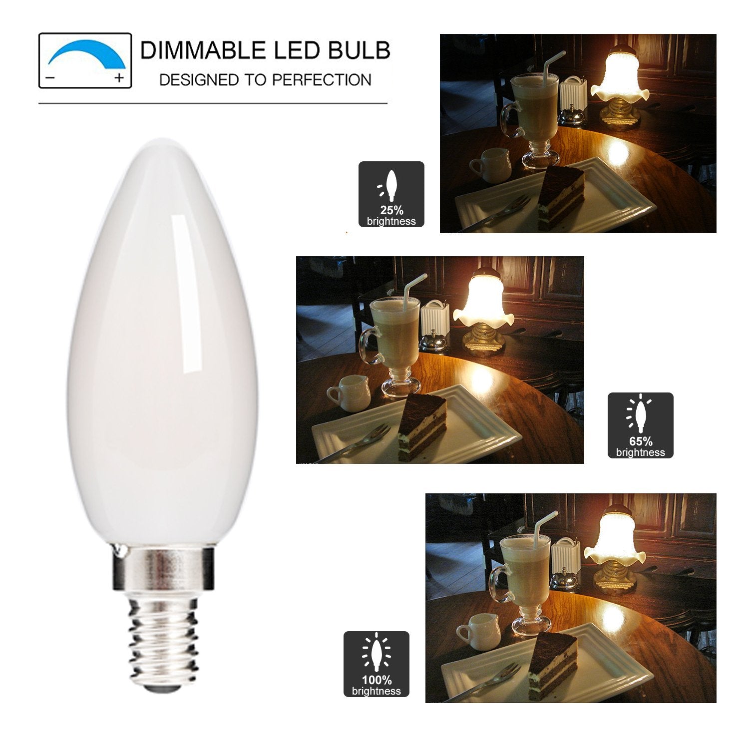 HOLA LED Candelabra Bulb, 4W 400 Lumens, Dimmable E12 Base, Warm White 2700K, Frosted Glass, 6 Pack