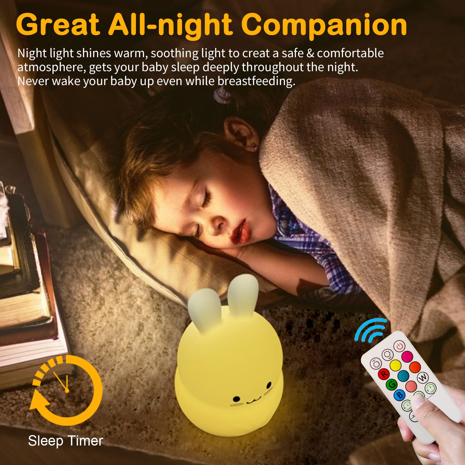 ShaArkMango Cute Rabbit Lamp - LED Night Light, Color Changing, Soft Silicone, Bunny Color