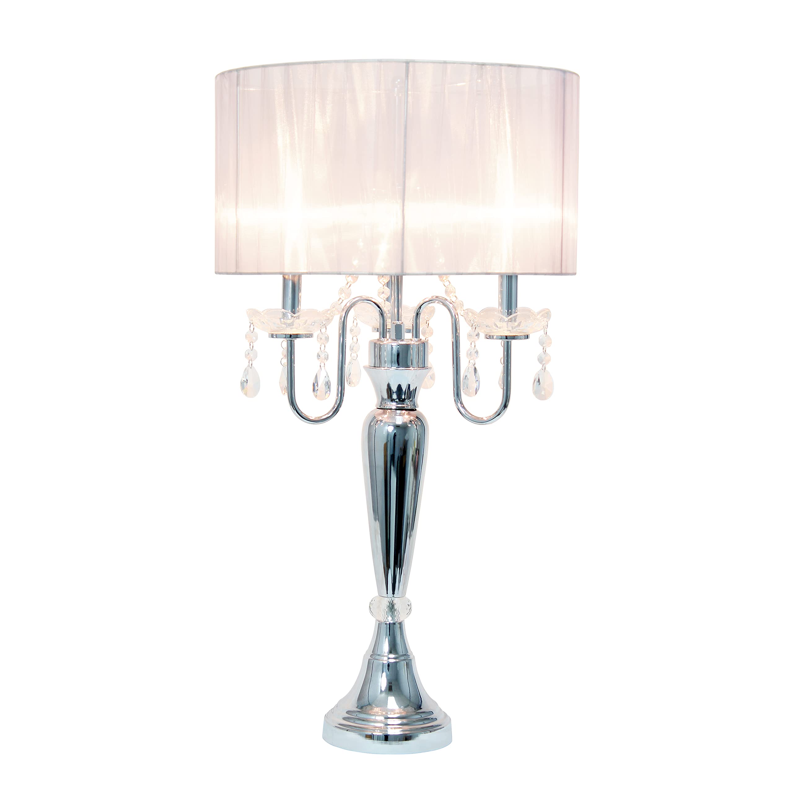 Elegant Designs Lt1034-Wht Trendy Sheer Table Lamp With Hanging Crystals And Sheer Shade, White