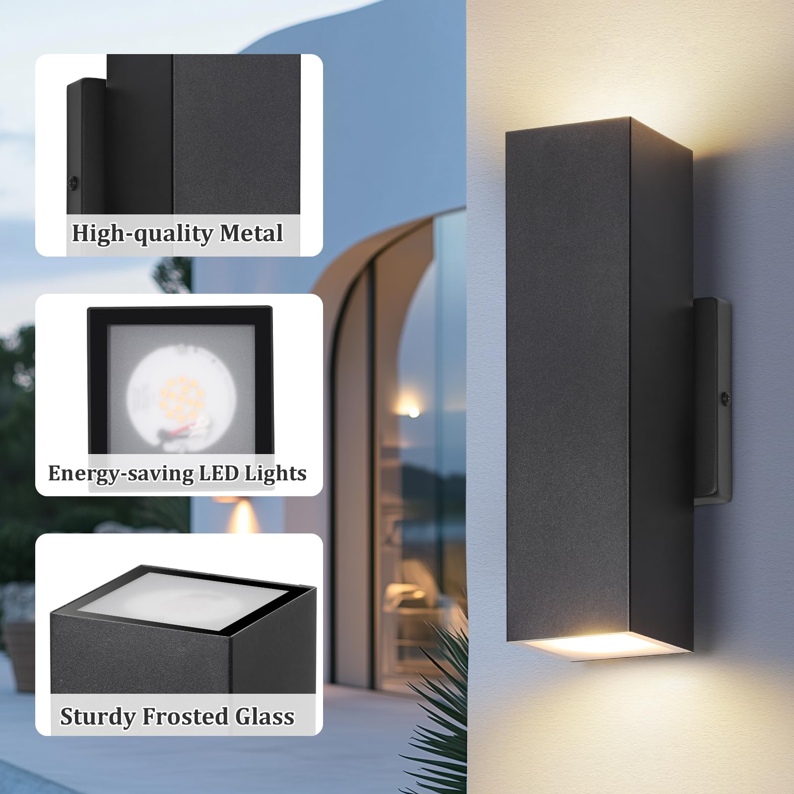 BesLowe 4-Pack LED Outdoor Wall Lights, Modern Black Metal Sconces, Up and Down Lighting for Porch, 13.75" Size, Model B04048L(4PK)