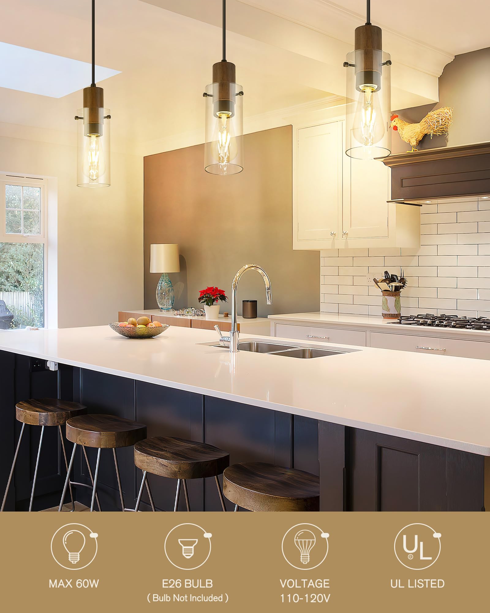 Emak 3 Pack Mini Pendant Lights Kitchen Island, Black Pendant Light With Clear Glass Shade, Wood Grain Painted, Modern Farmhouse