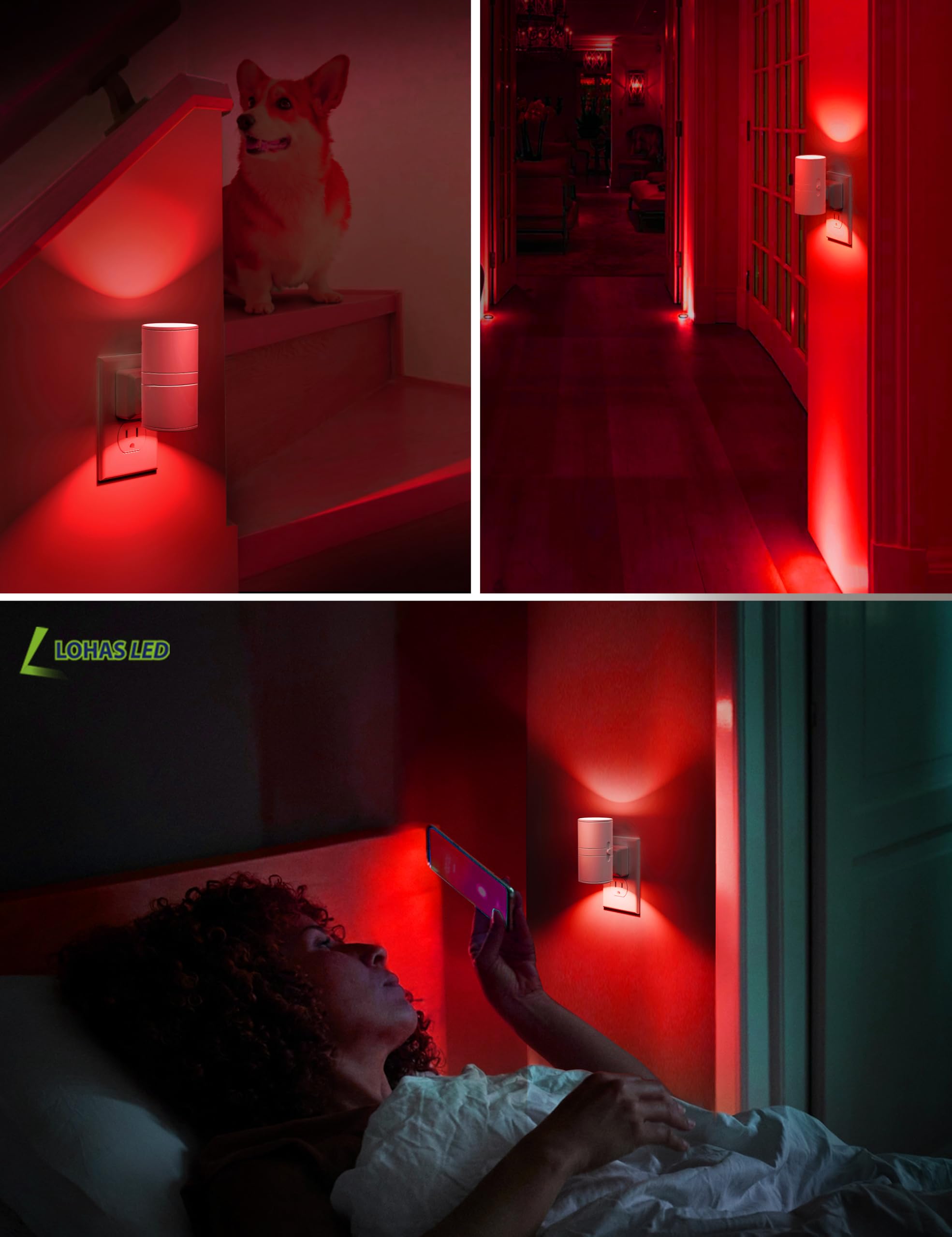 L LOHAS LED Night Light, Red Dimmable Plug-in Light Sensor, 2 Pack, Plastic - GY-063-RE-WH-US-2, Ideal for Bedroom & Holiday Decor