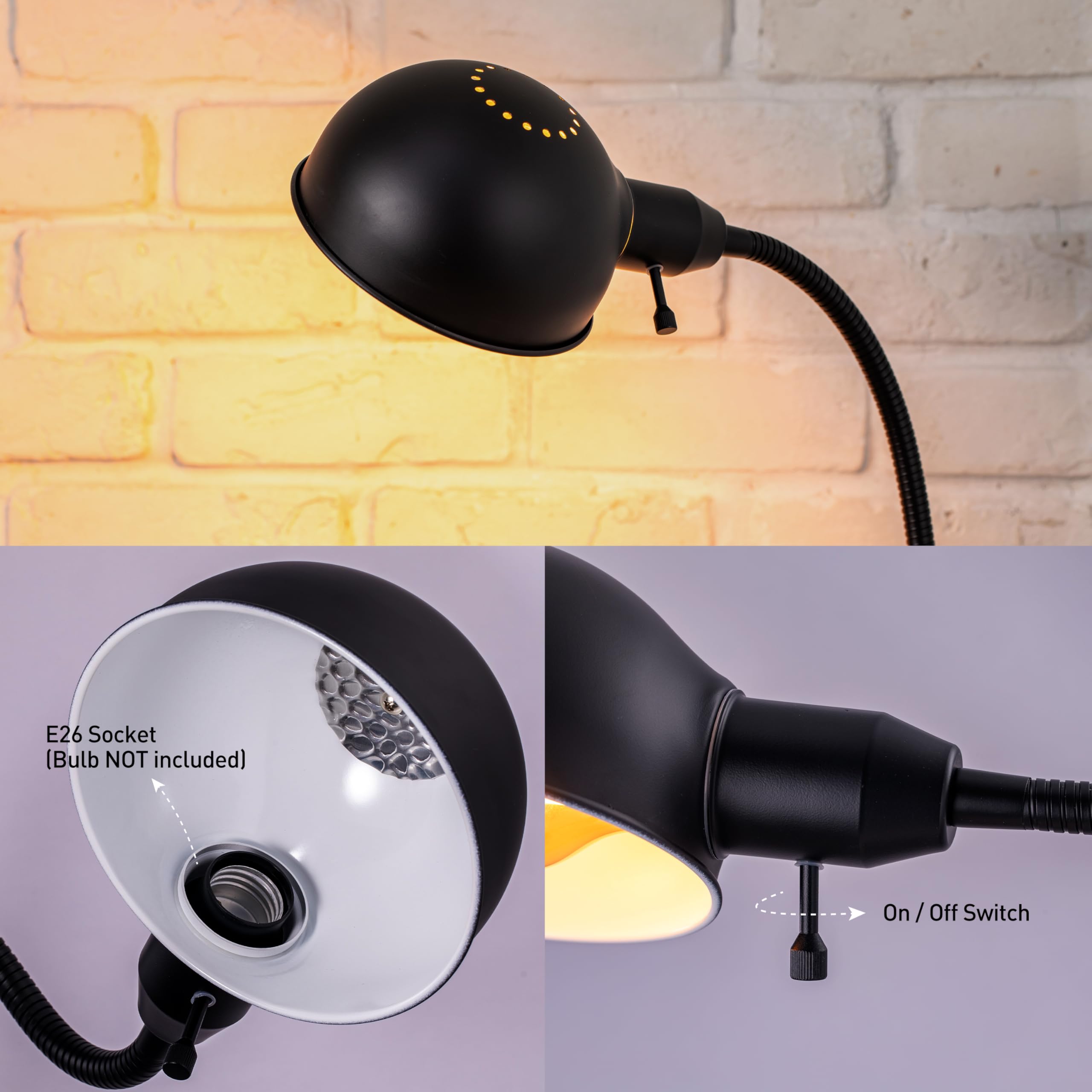 OBright Adjustable Floor Lamp, Gooseneck, E26 Socket, 10-Inch Base, Black, Model OB-FL31S