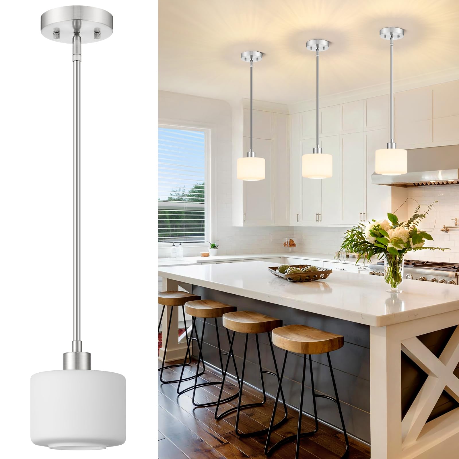 Osimir Brushed Nickel Pendant Lights Kitchen Island  1-Light Modern Milk Glass Hanging Light Fixtures with Rods  Mini Kitchen Pendant Lighting Over Island for Sink Bathroom  OS-YQ8153-1PBN