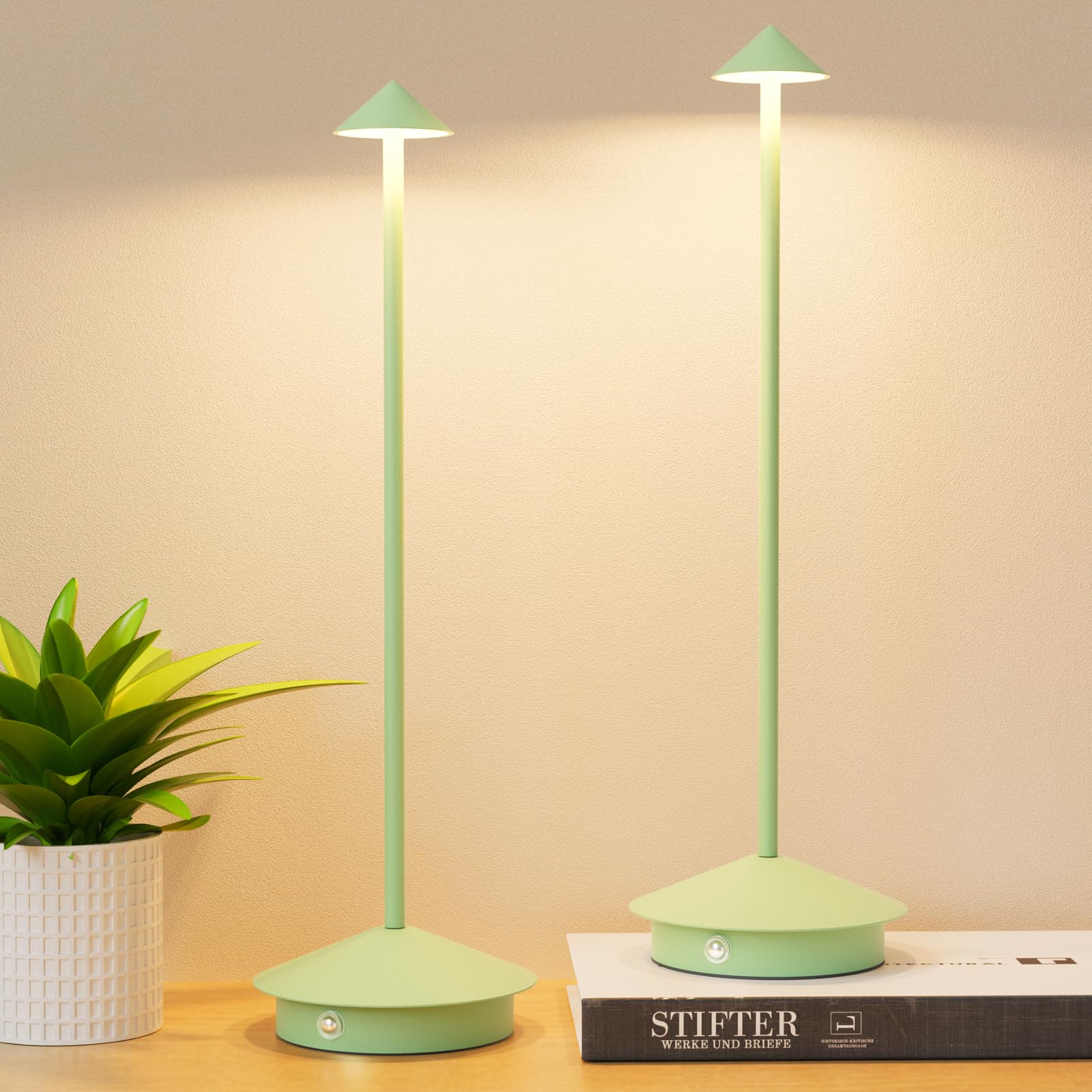Aoceley 2-Pack 6000mAh Rechargeable Led Table Lamp Cordless 3000K-6000K Stepless Dimming Touch Lamps with Memory Function IP54 Waterproof Aluminum Table Light for Outdoor/Bars/Restaurant/Patio(Green)