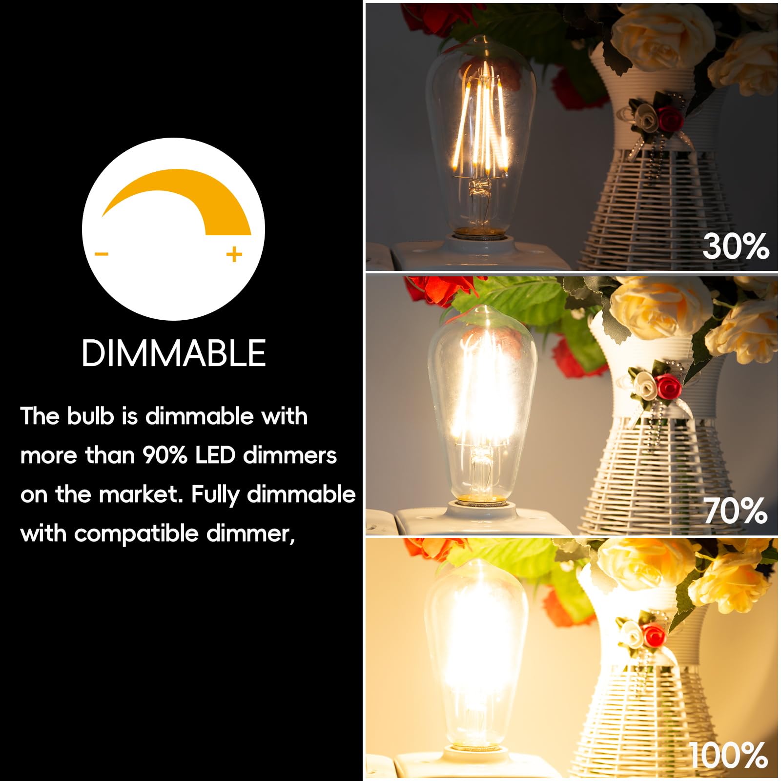 Jensense E26 LED Bulb 6W Vintage Light Bulbs CRI90+ Dimmable 3 Pack 2700K Warm White