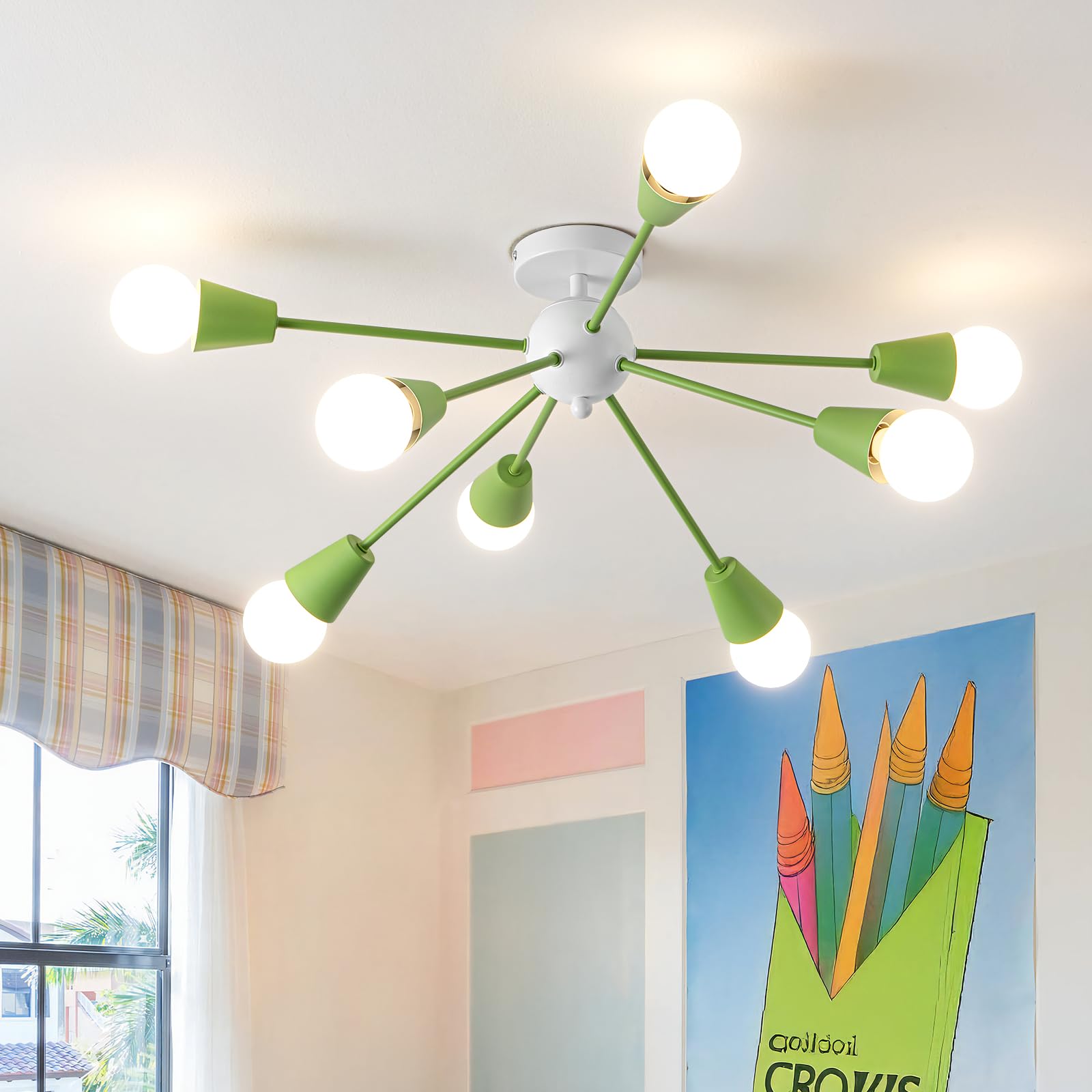 Ymlii Green Sputnik Ceiling Light Fixture, 8-Lights Modern Sputnik Chandeliers For Dining Room,Indoor Kitchen Island Lighting Fo