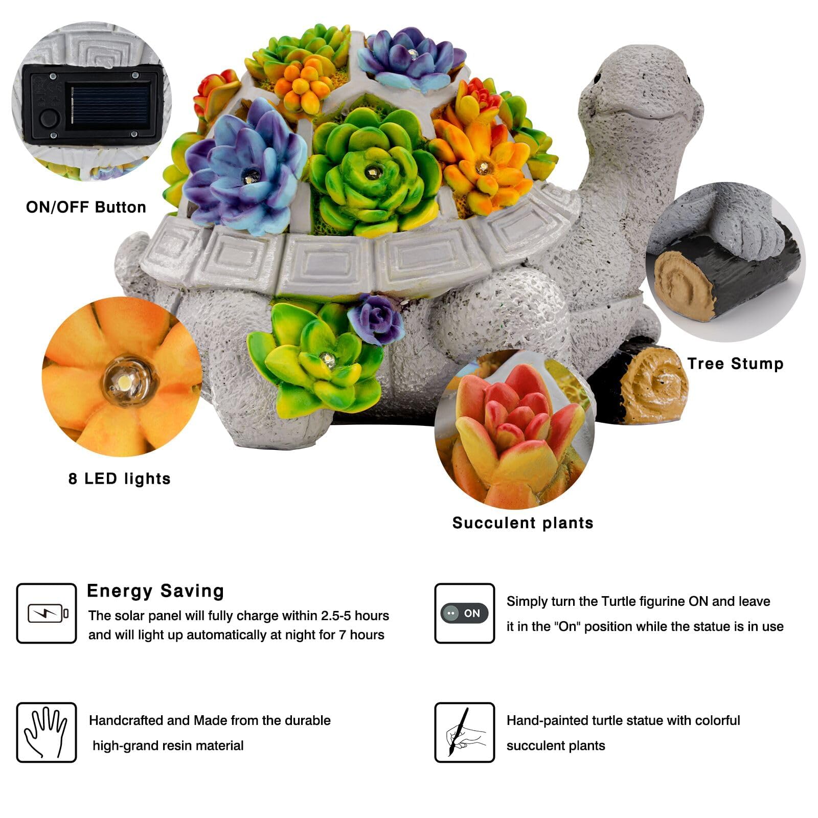 Bilolly Gifts For Women, Solar Lights For Outside Garden With Succulent And 8 Led Lights And Stump, Lawn Decor Tortoise Statue F