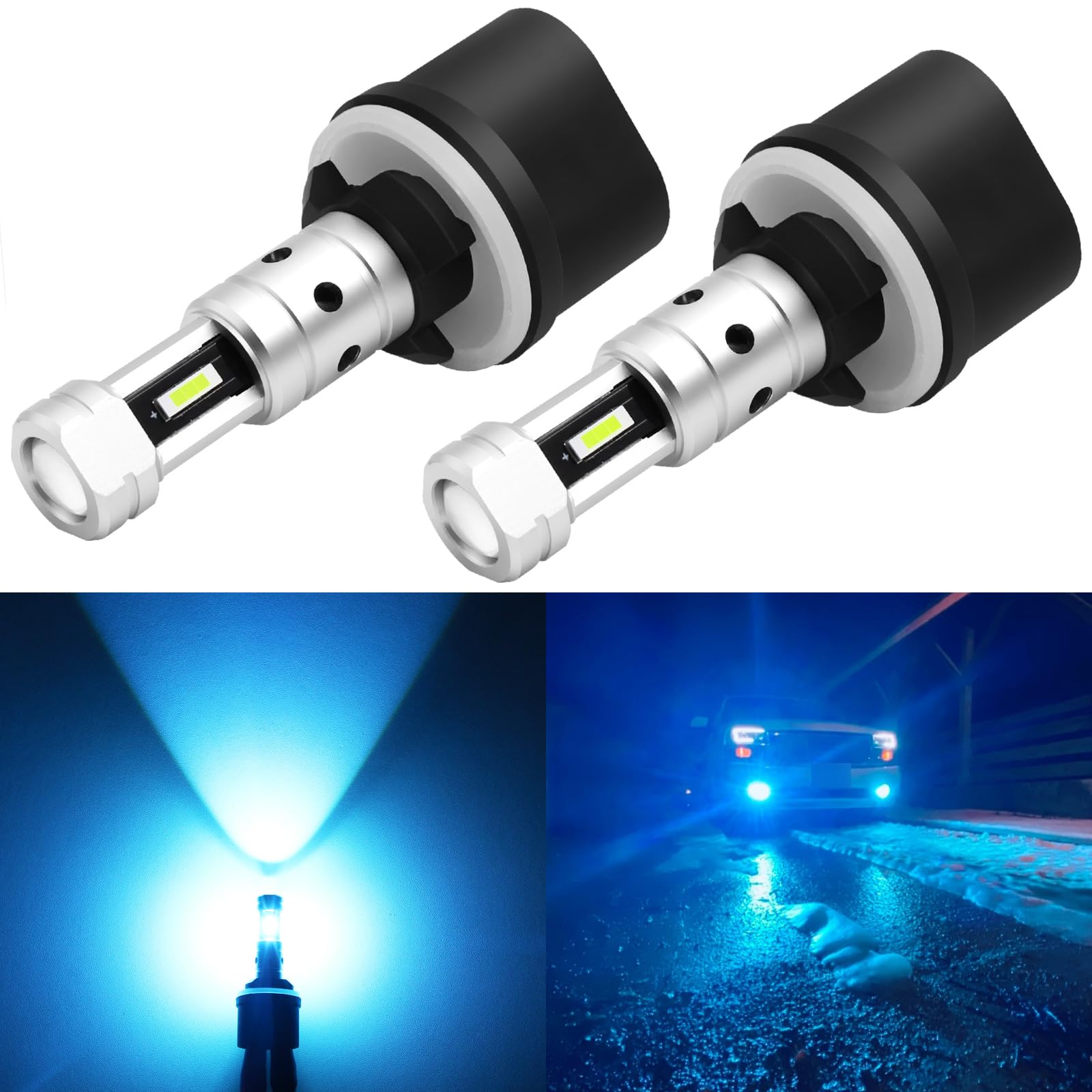 PHINLION 880 Blue LED Fog Light Bulbs, 3800 Lumens, Non-polarity, 8000K Ice Blue, Pack of 2