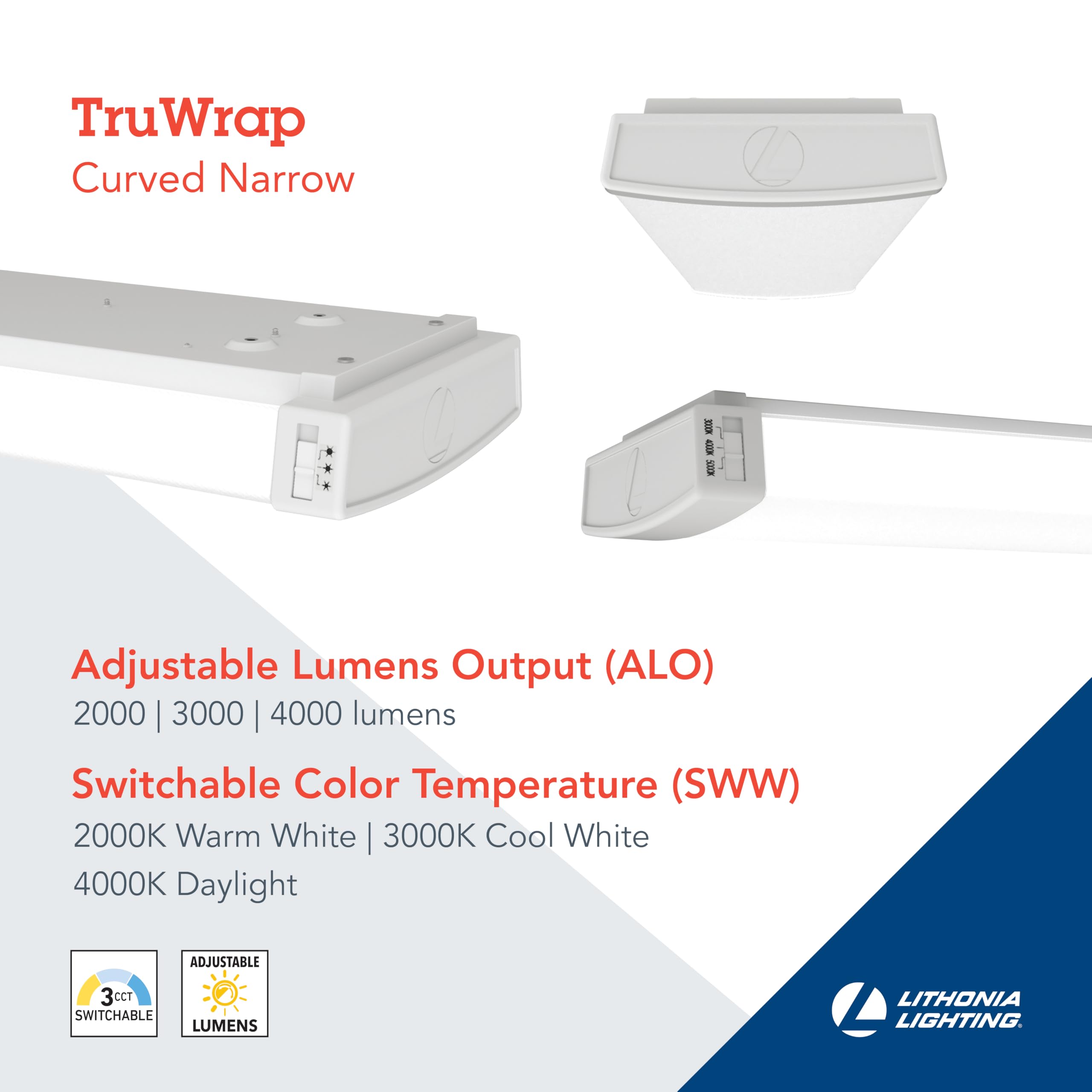 Lithonia Lighting TruWrap Curved Wrap LED Ceiling Light 3000K/4000K/5000K Switchable, Narrow, White, Model TRUN 48 ALO4 CMP 8