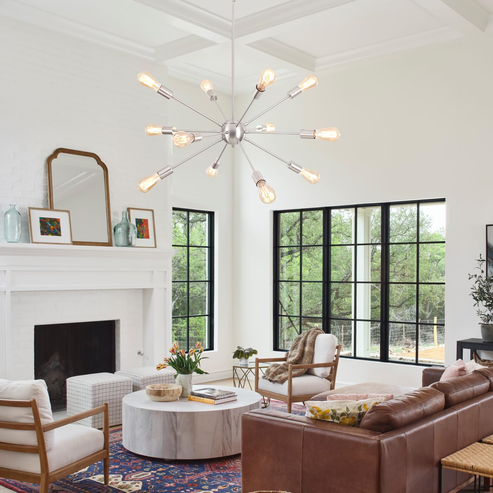 LXWNYY Modern 12-Light Brushed Nickel Sputnik Chandelier, Adjustable Height, Metal Fixture for Dining Room, Living Room, Kitchen, Bedroom