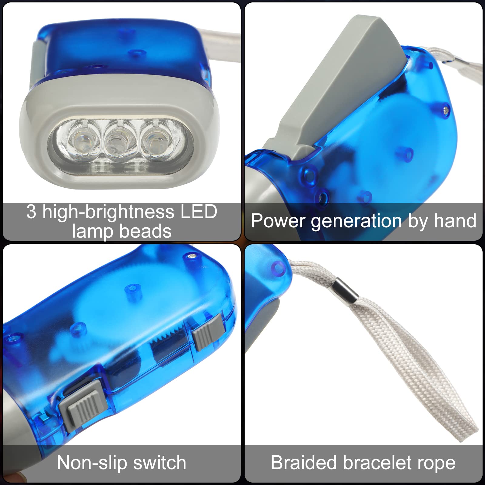 Mudder Hand Crank Flashlight, LED, Dynamo, Model C-82, No Battery, Colors: Yellow, Red, Grey, Blue