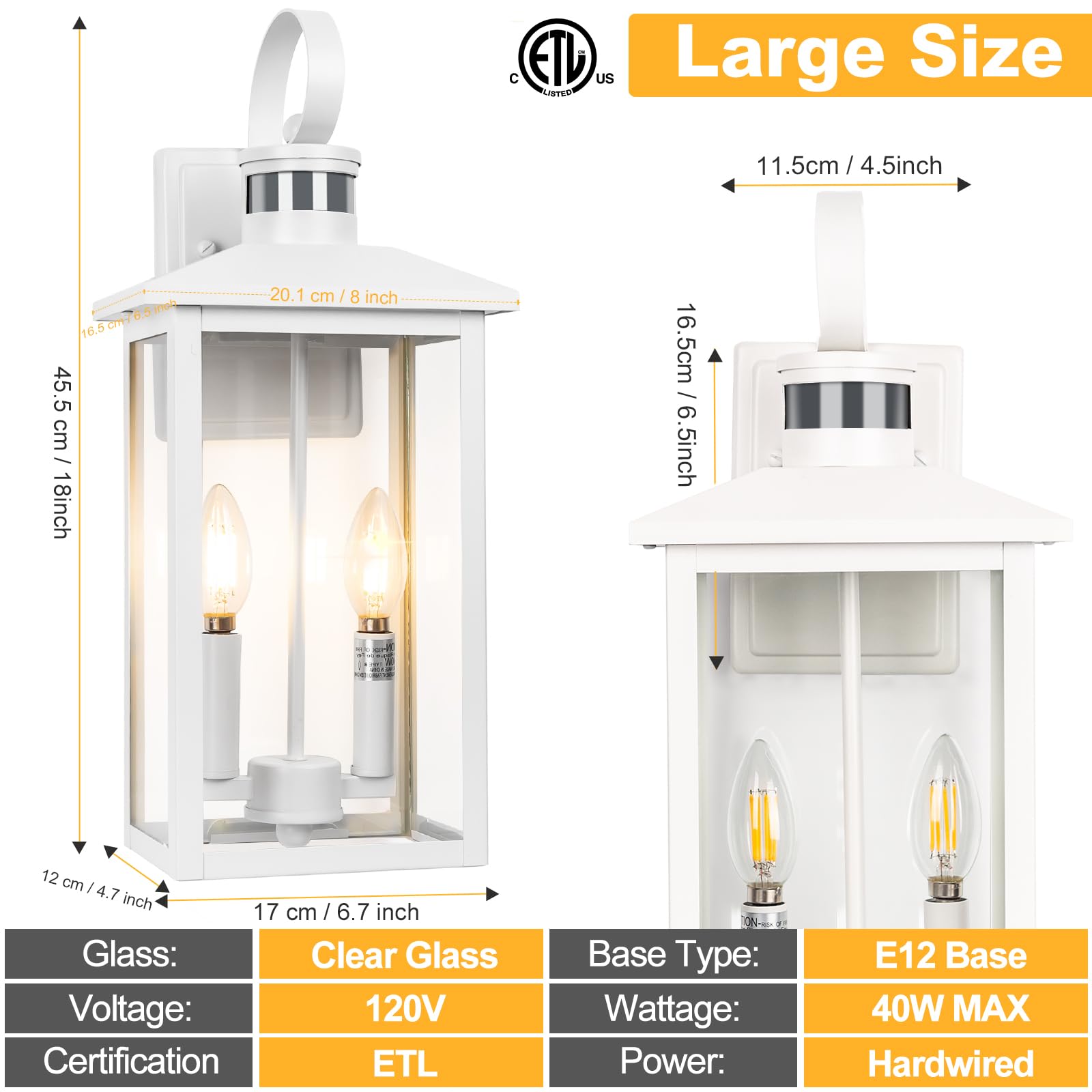 White Motion Sensor Light Outdoor, 18" Etl Listed Outdoor Lights With Sensor Detection, 2-Light Aluminum White Outdoor Light Fixture With E12 Socket, Outdoor House Lights Wall Mount For House