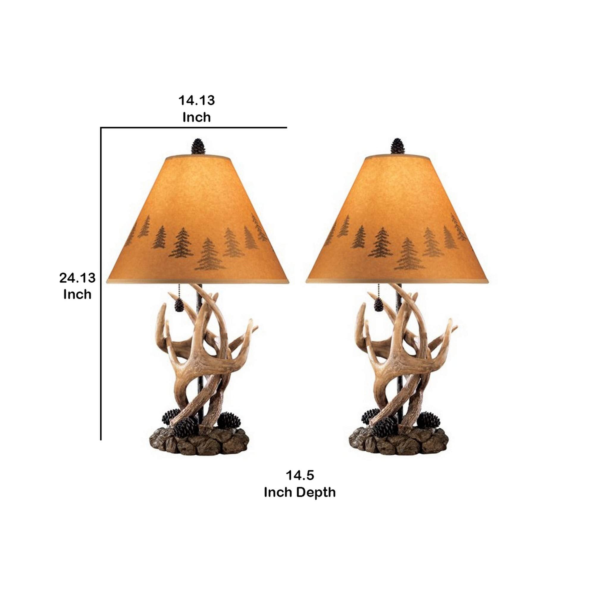 Benjara Resin Body Table Lamp With Antler And Pinecone Design, Set Of 2, Brown