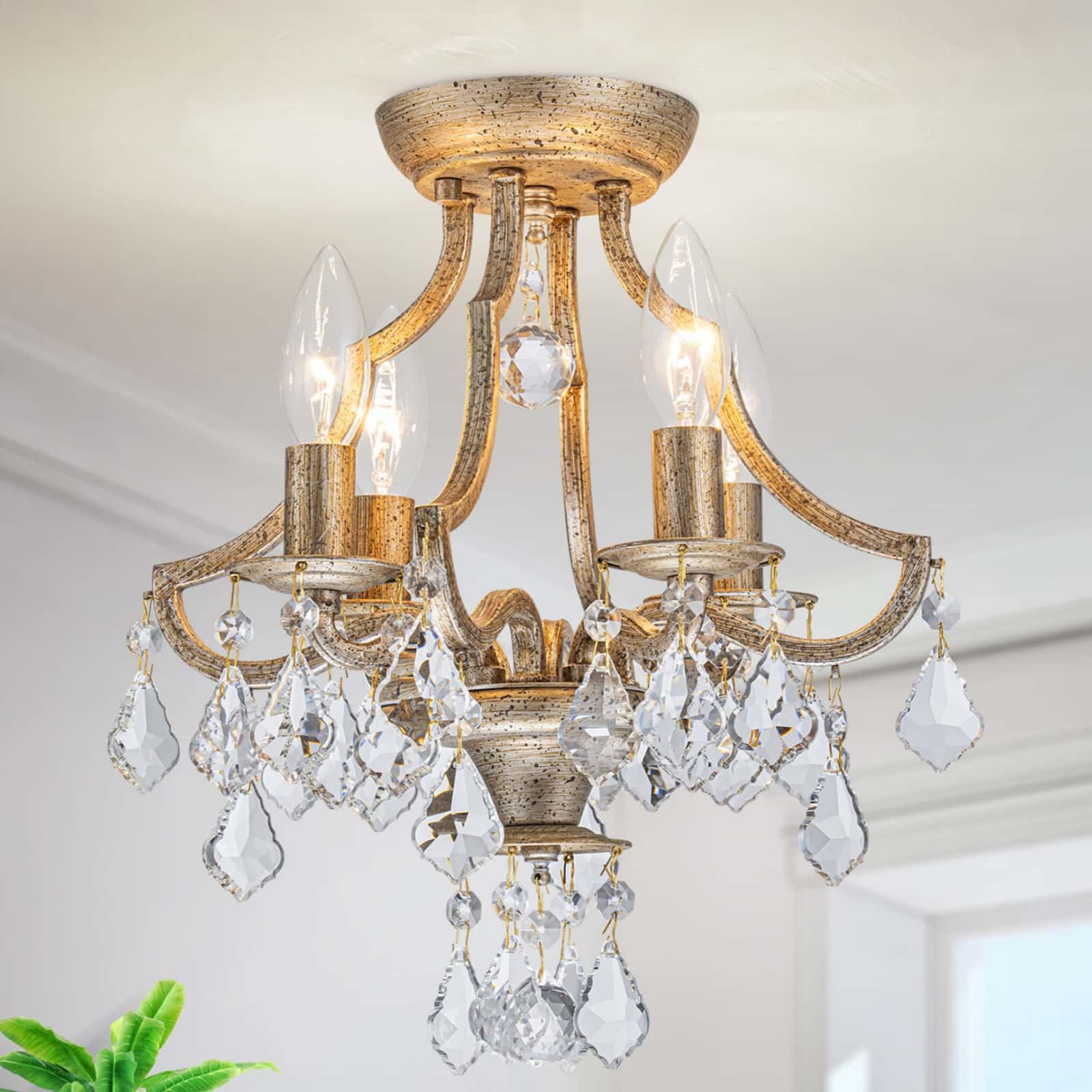 LumFurn 4-Lights Antique K9 Crystal Ceiling Light for Living Room, Foyer, Bedroom, Close to Ceiling Flushmount Light Fixture, Ru