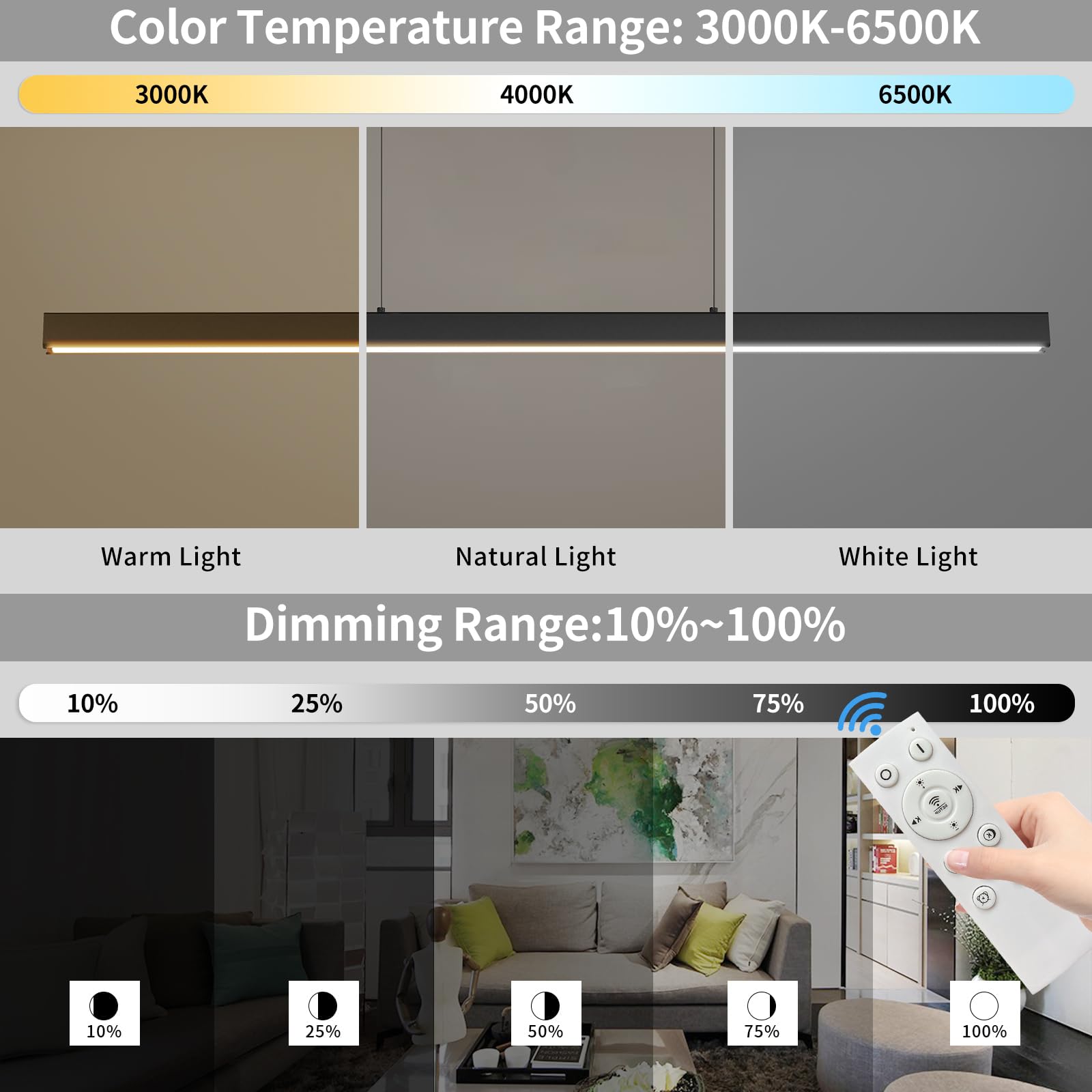 Modern Led Linear Pendant Light, 47In Ceiling Chandlier Light Fixtures Hanging With Remote Control 3000K-6500K Adjustable Color Temperature Island Light For Dining Room, Kitchen