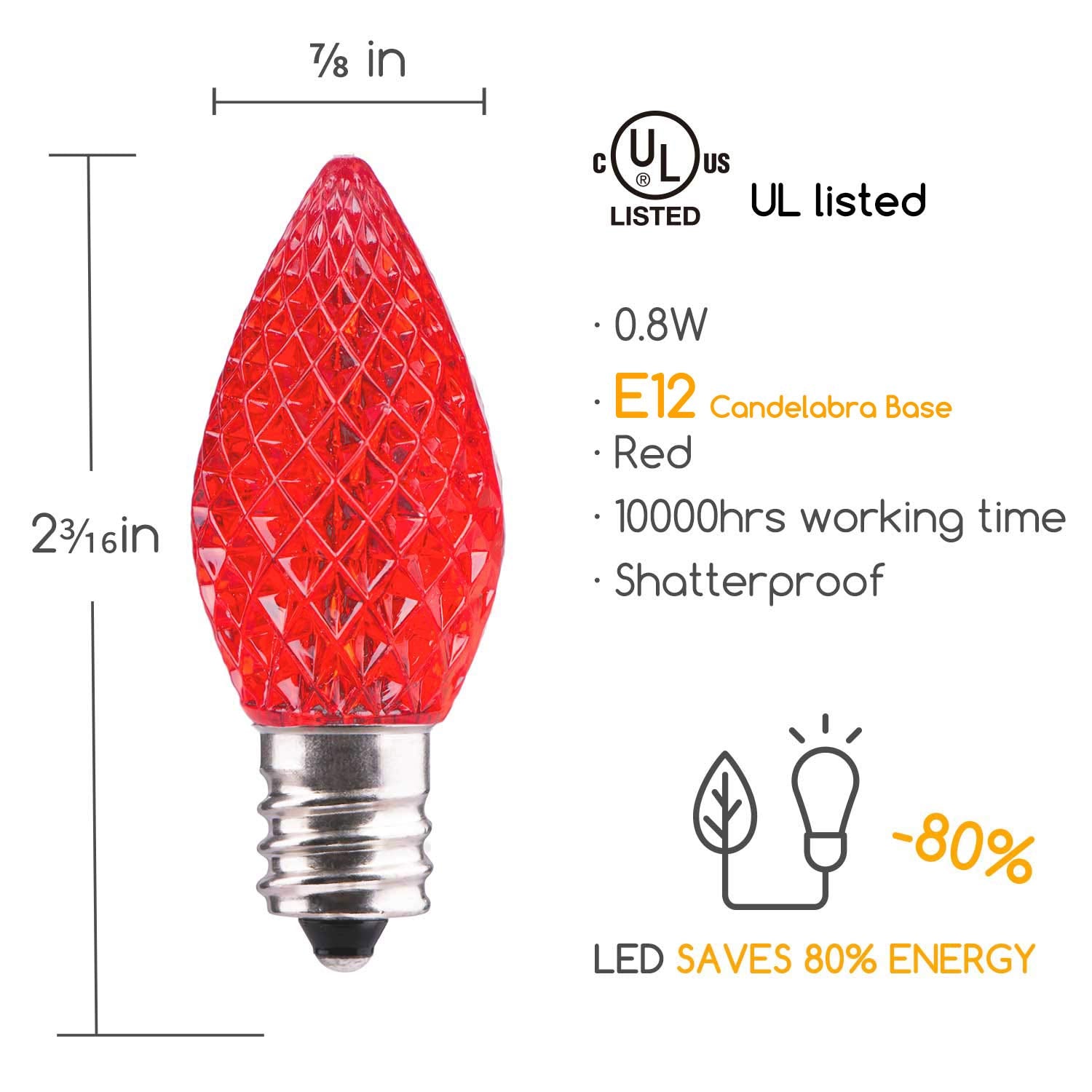 50 Pack C7 Led Replacement Christmas Light Bulb, C7 Shatterproof Led Bulbs For Christmas String Lights, E12 Candelabra Base, Commercial Grade Dimmable Holiday Bulbs, Red
