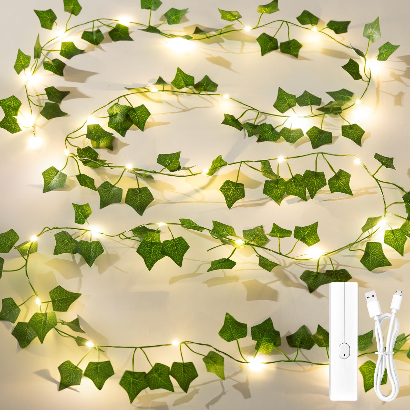 Lakumu Sweet Potato Ivy Fairy Lights, 33ft 100 LED Rechargeable Battery Operated String Lights, 8 Modes Timer Artificial Leaves 