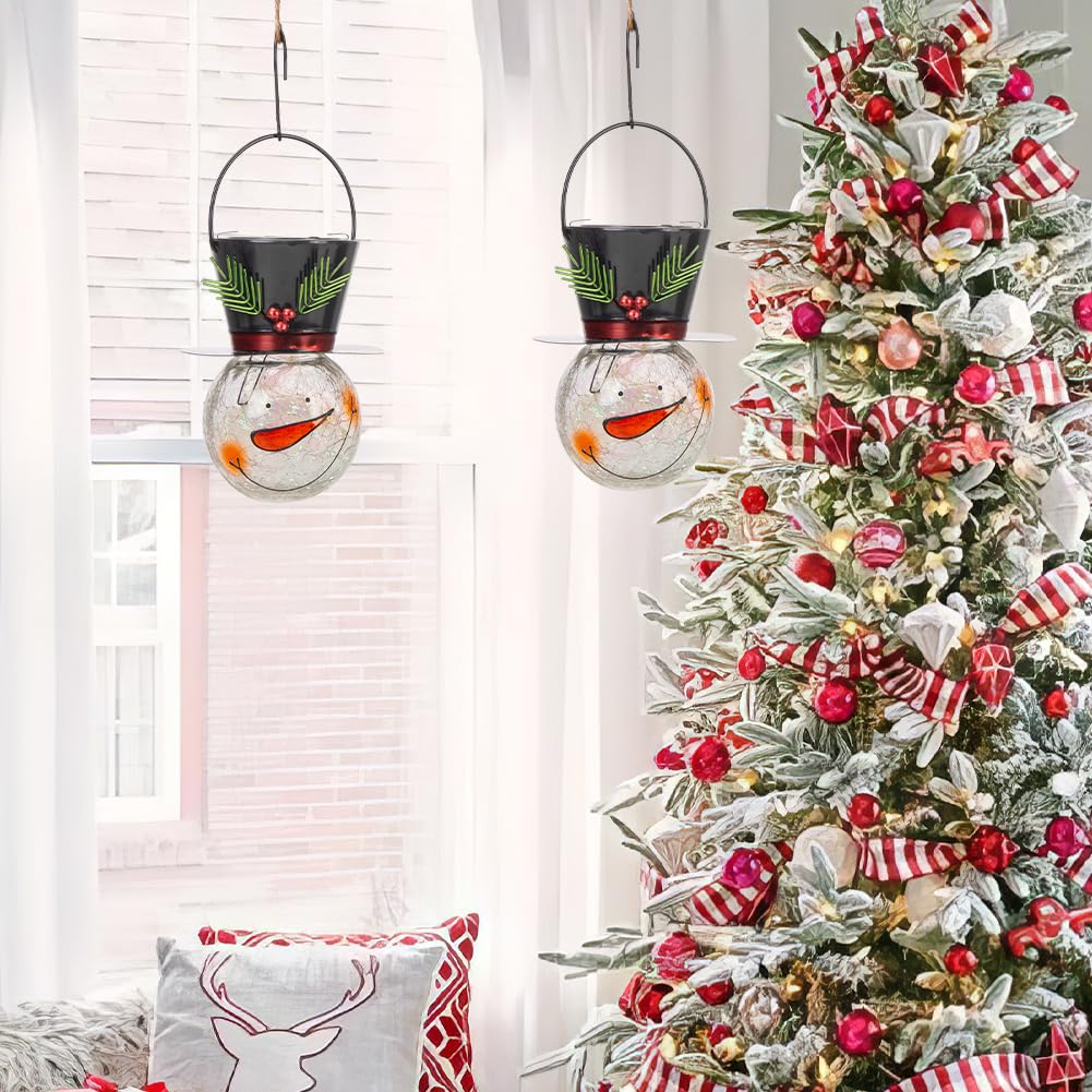 Starsoul Solar Lanterns 2 Pack - Waterproof Snowman Lights for Garden, Patio, Xmas Decor - Small Leaf Design