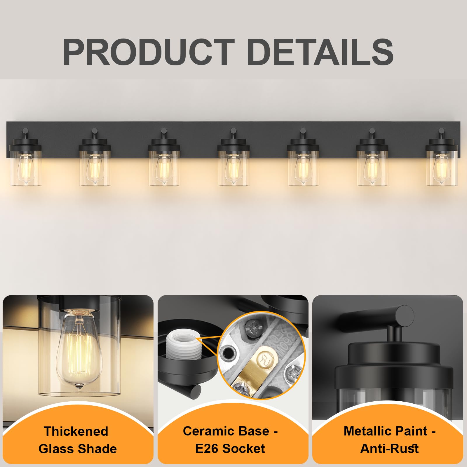 Izorro Bathroom Vanity Light Fixture  7-Light 51 Inch Matte Black Bathroom Light Fixtures Over Mirror  With Clear Glass Shade  Modern Farmhouse Vanity Lights  Rustic Restroom Lighting Fixtures