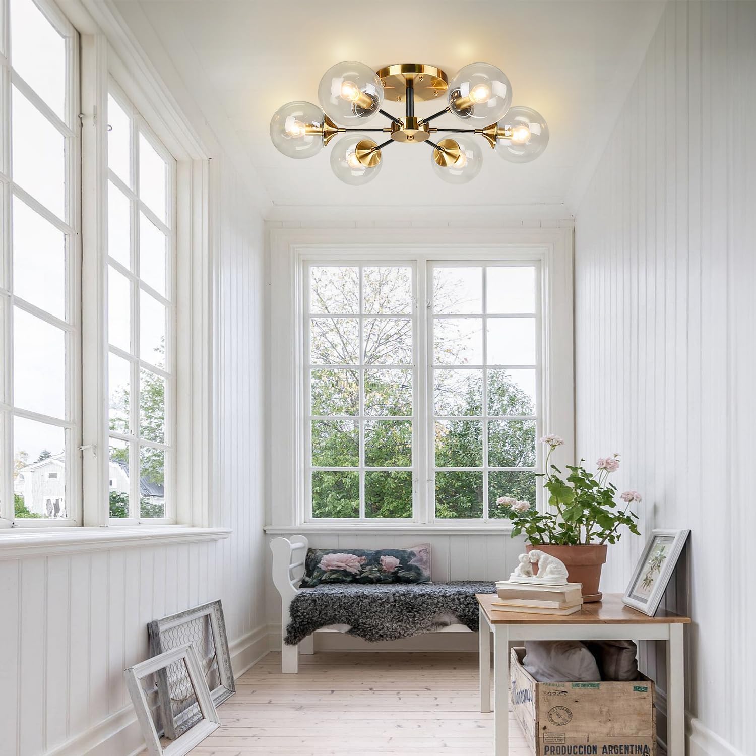 Kco Lighting Mid Century Modern Gold Ceiling Lighting Fixture 6-Light Black Metal Flush Mount Ceiling Lights Brushed Brass Clear