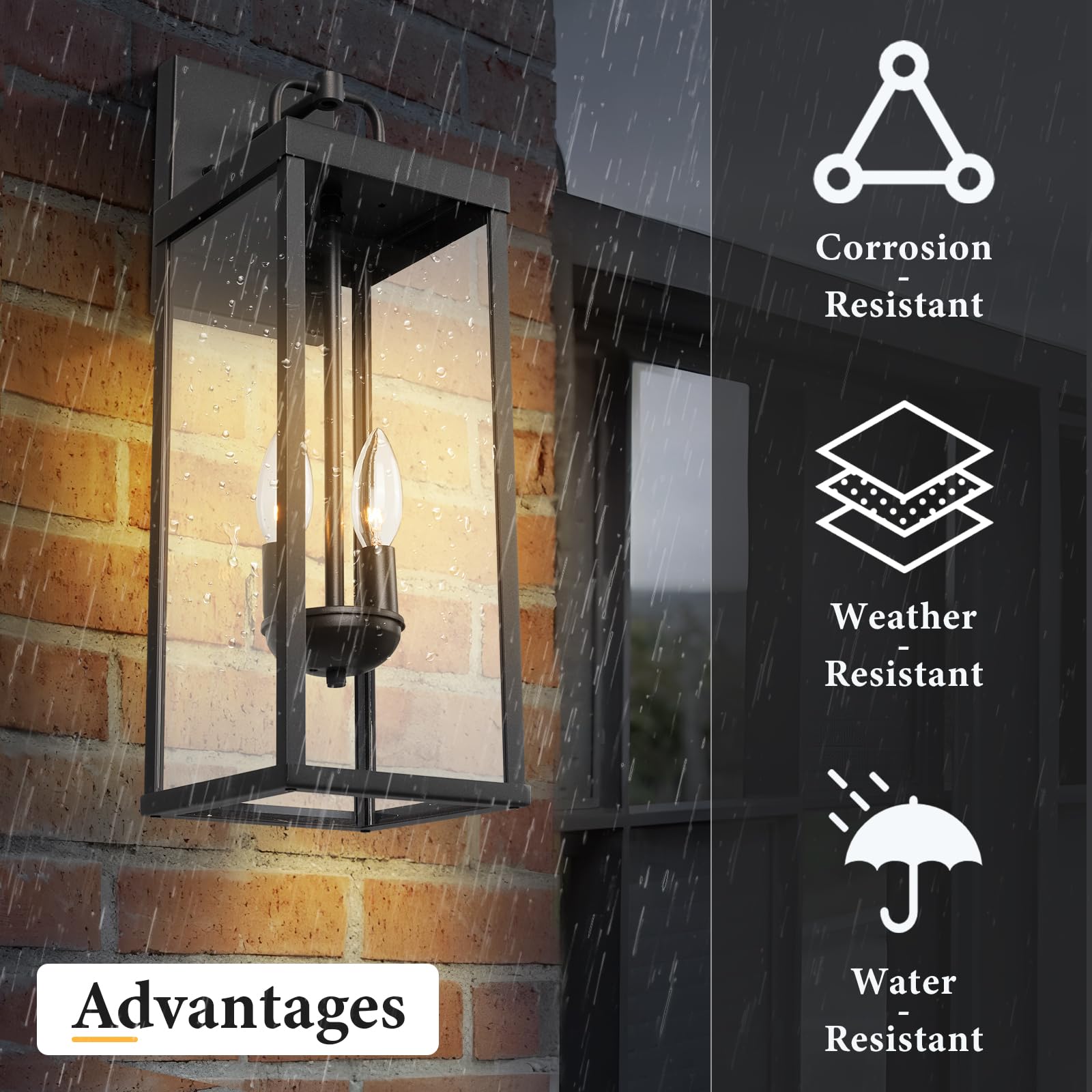 Diyel Outdoor Wall Sconce Lights, 20" Tall Black Powdered Metal Lantern, Modern Design for Porch & Patio, Model RZ008M-2 BK