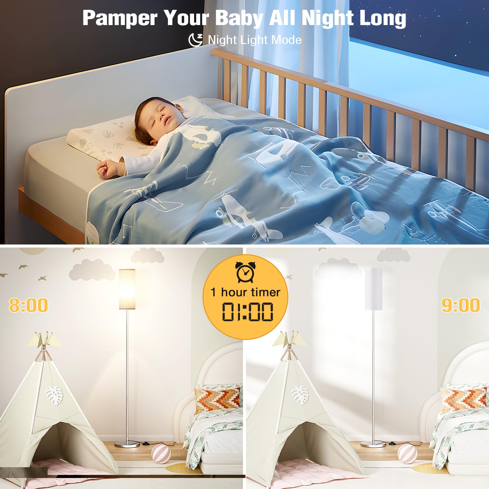 Ambimall 66'' Floor Lamps For Living Room With Remote Control And Stepless Dimmable Colors Temperature & Brightness, 9W Bulb Included(White Lampshade & Silver Pole)