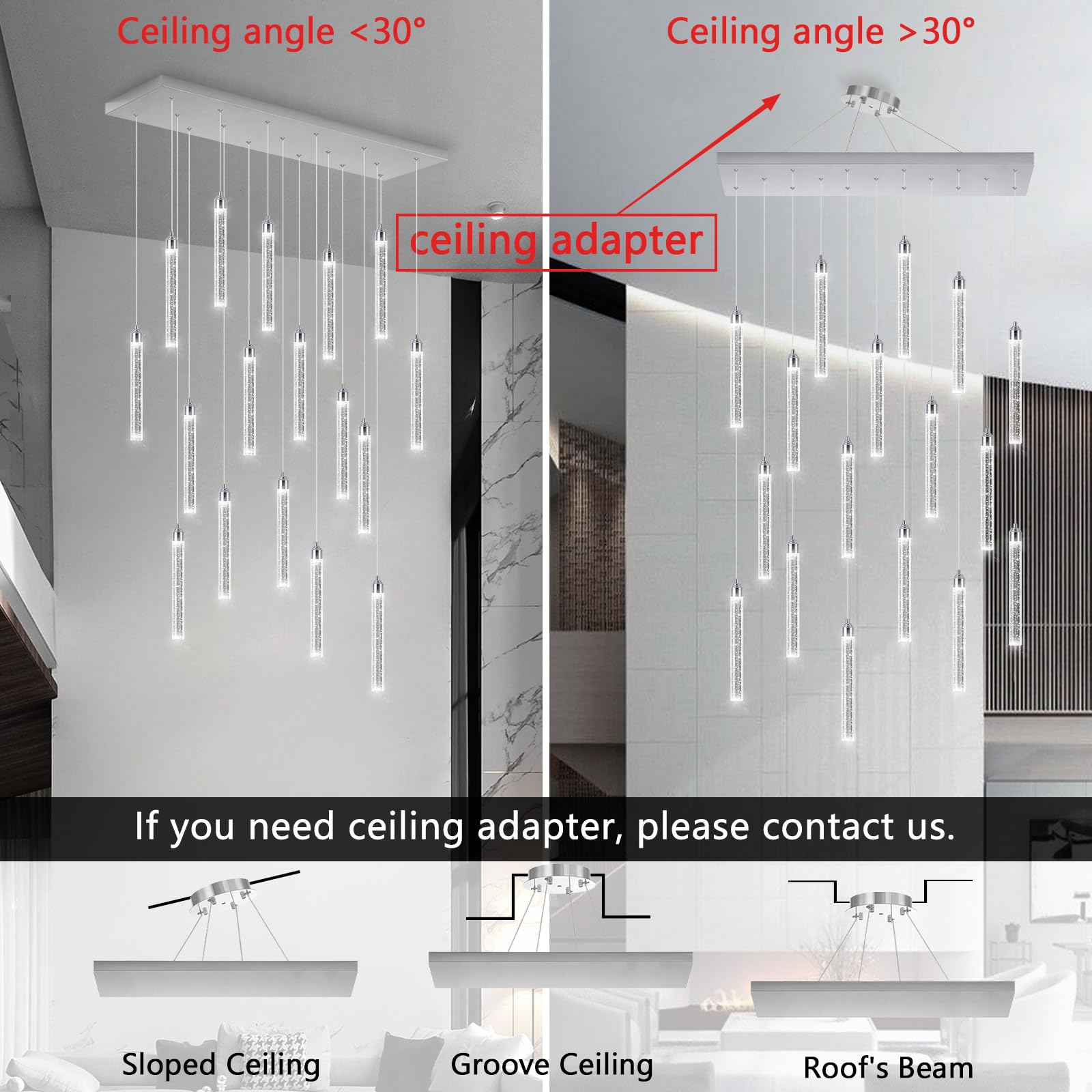 Rectangular Chandeliers 17-Lights Long Light For Entryway Led Dimmable Chandeliers Lighting Fixture Flat Sloped High Ceiling Pendant Lights Crystal For Living Room Foyer Hallway Staircase Silver
