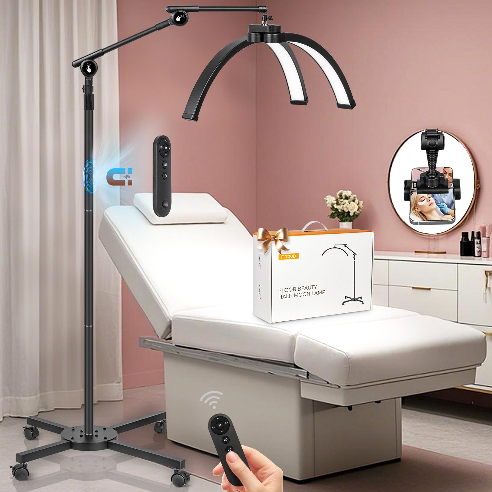 HITTI Half Moon Light for Eyelash Extensions Tattoo Artists, 2025 New Upgrad LED Lash Tech Light with 4 Wheel Rolling Base, Larg