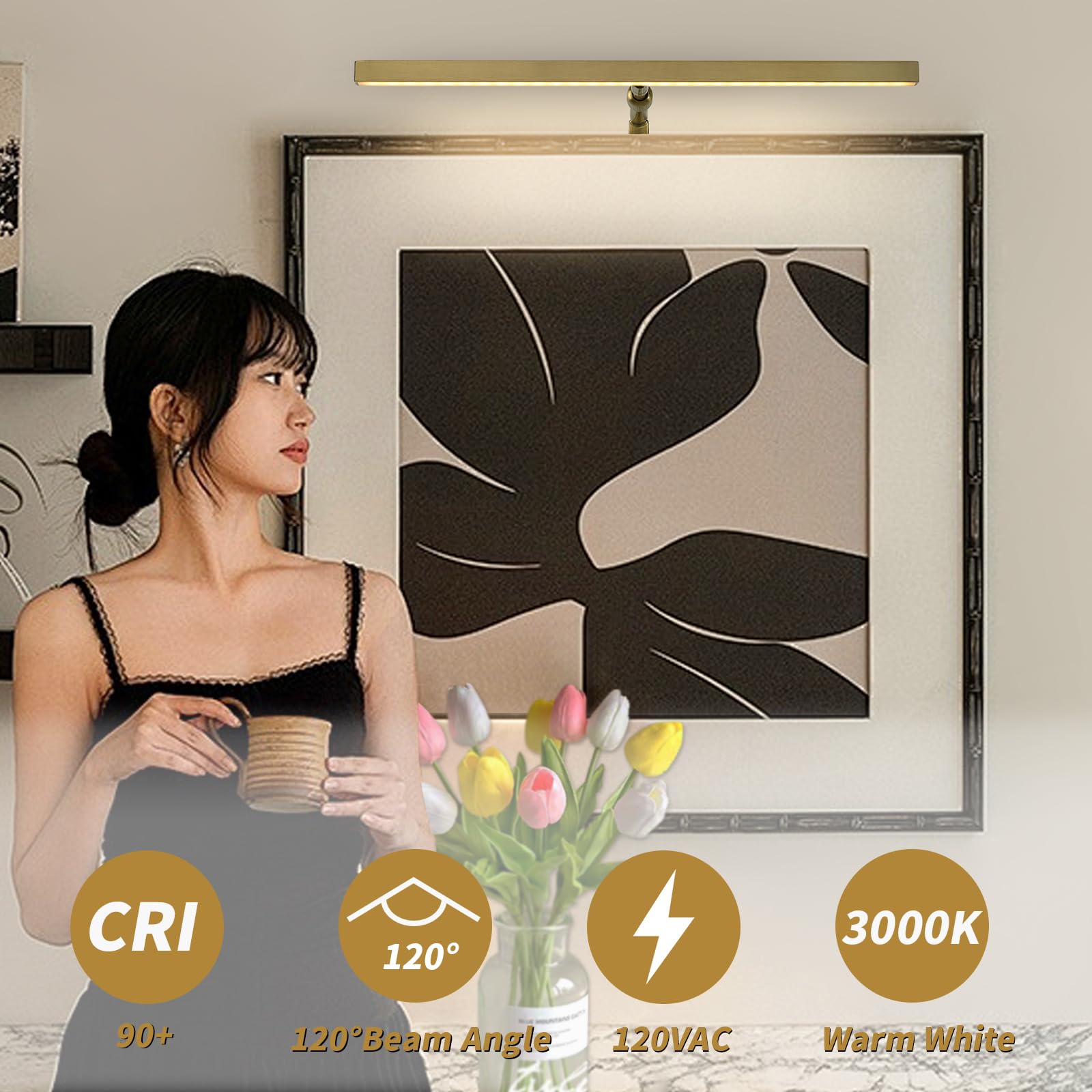 Pasoar Brass Picture Light, 16" Adjustable LED Art Light, Remote Control, Model 9899, Gold Finish