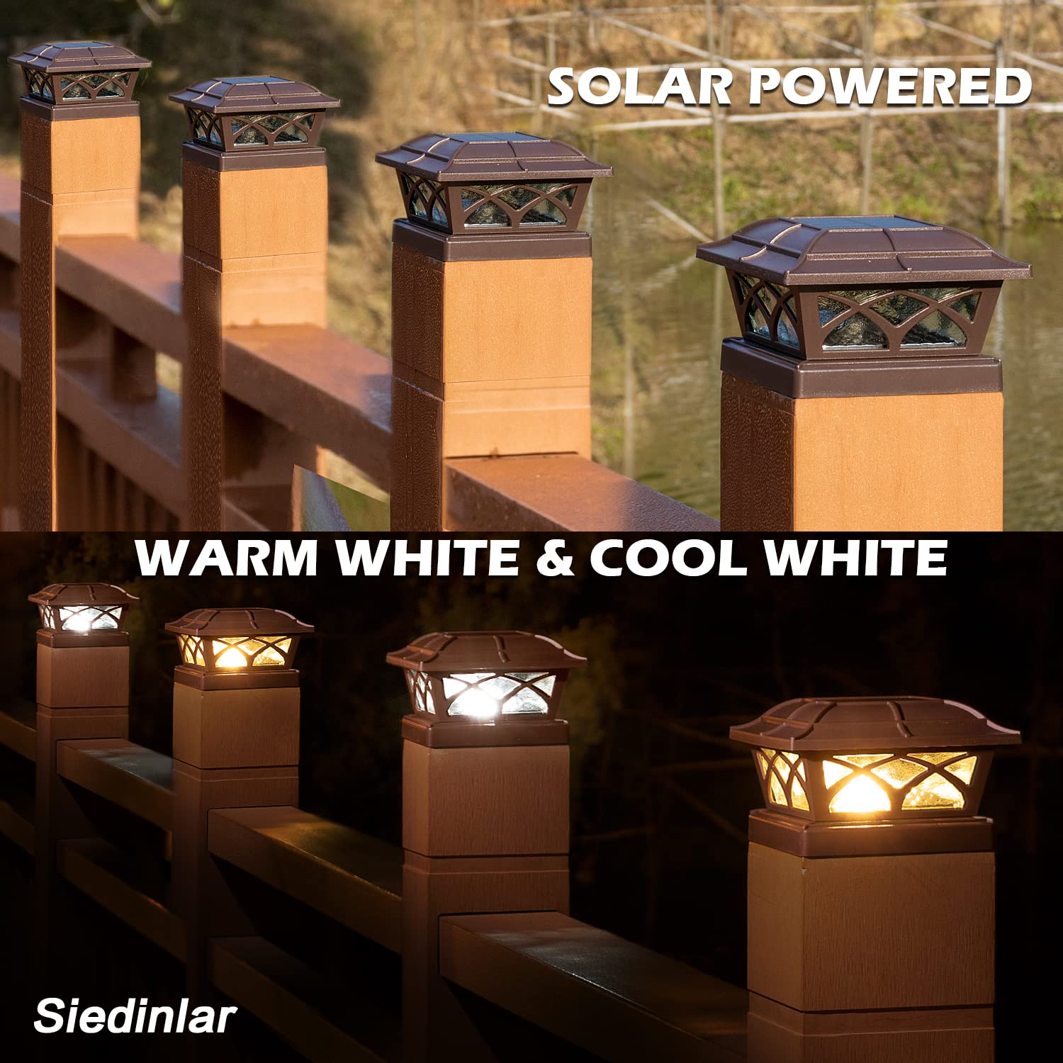 SIEDiNLAR Solar Post Cap Lights, Glass, 8 LEDs, Warm & Cool White, 1 Pack, Brown, Model SD012Z-1PK
