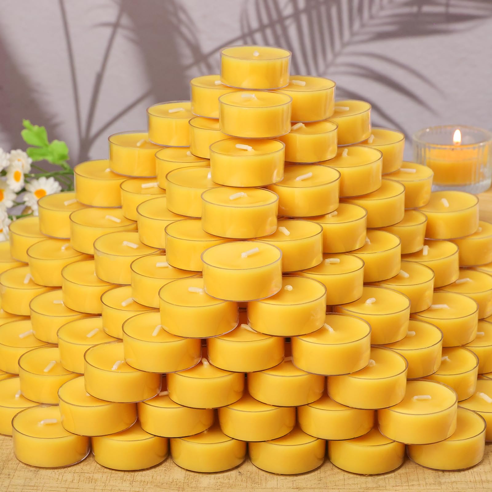 100 Packs Beeswax Tealight Candles Bulk,4 Hours 100% Pure Beeswax Tea Lights Candle in Clear Cup,Natural Scent Bees Wax Candles 