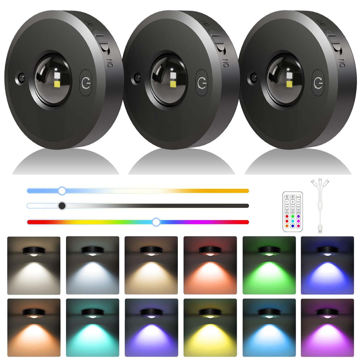 3 Pack Rechargeable Puck Lights - LED Puck Lights with Remote Control  Dimmable  12 Colors & 2 Dynamic  1000mAh Battery Operated  Timer - Magnetic Stick on Light  Ideal for Kitchen  Cabinets  Closet